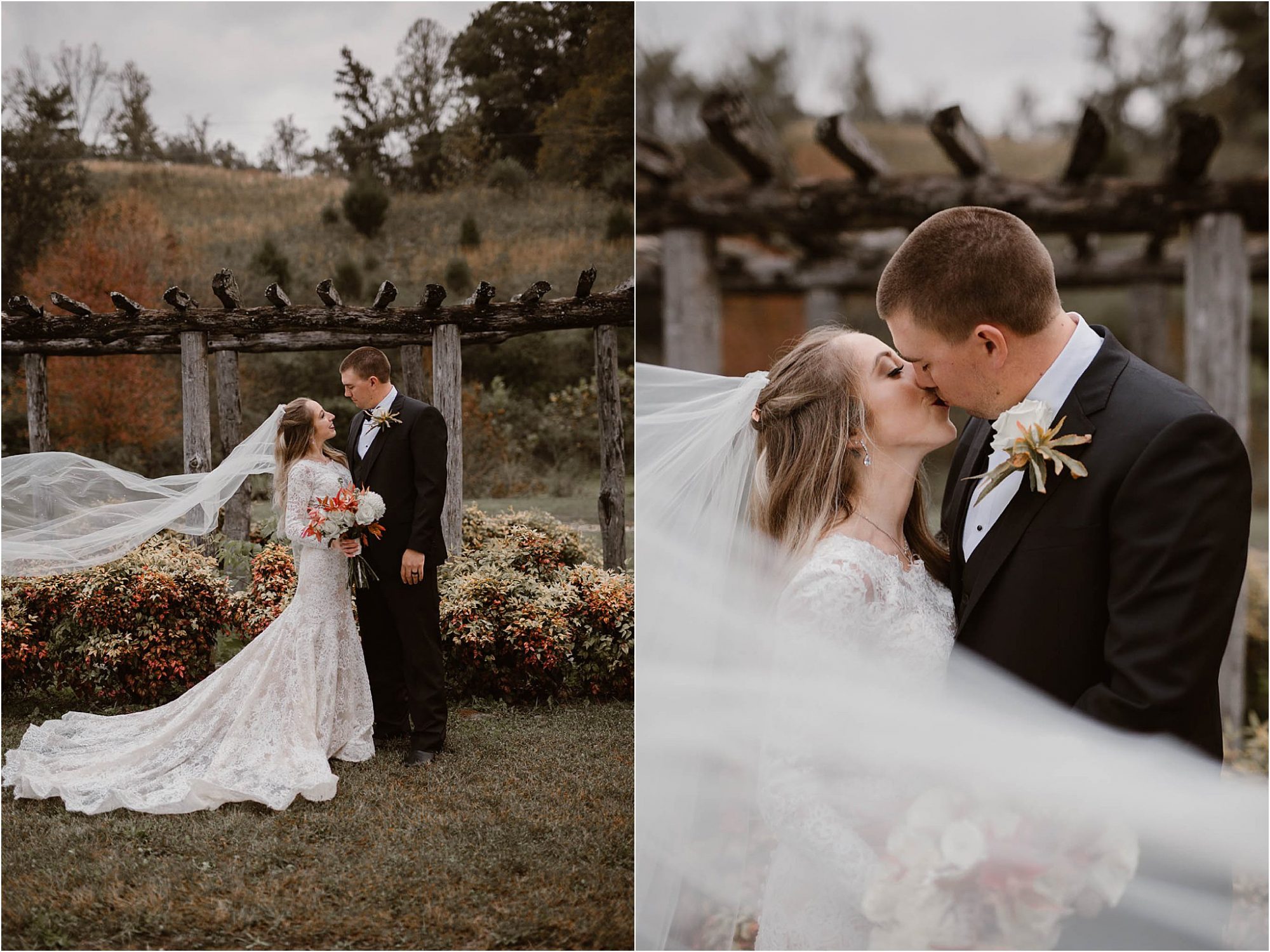 bride and groom couple photos at Fall Wedding at Pure Water Farm
