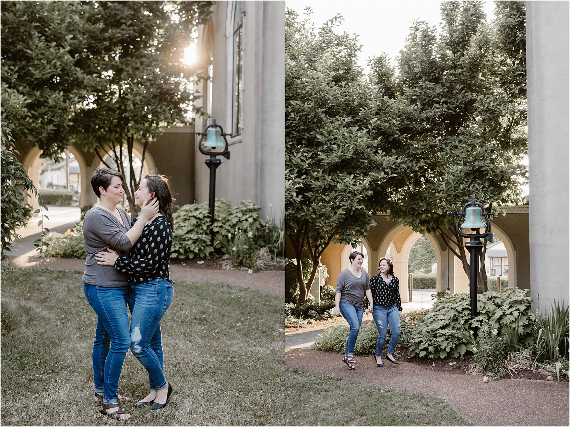 two women kissing and hugging in church courtyard
