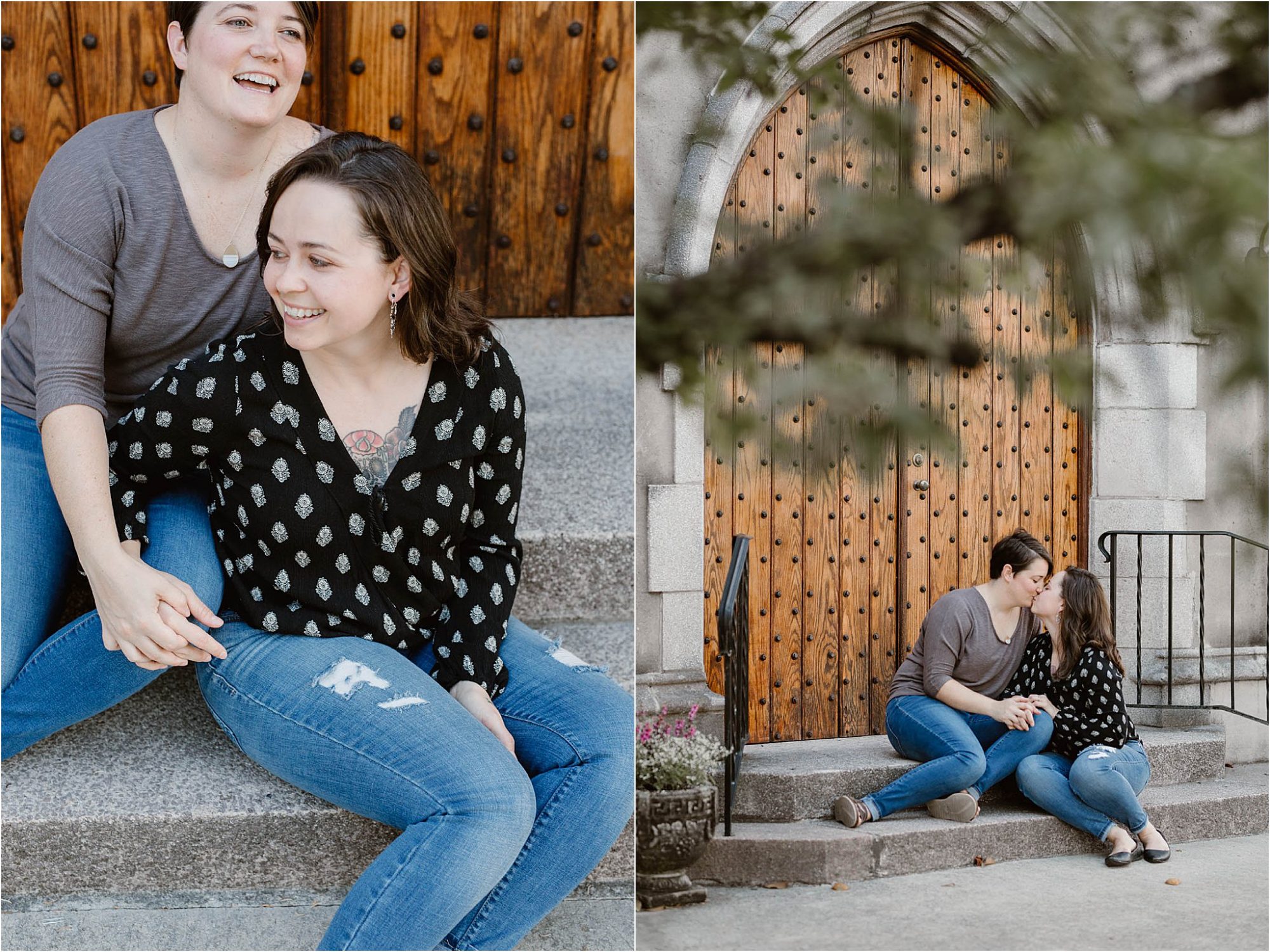 two women kissing and hugging in front of church doors