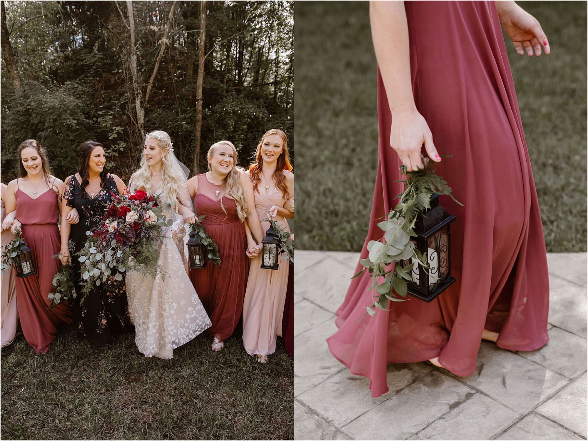 bride walking with bridesmaids in pink dresses