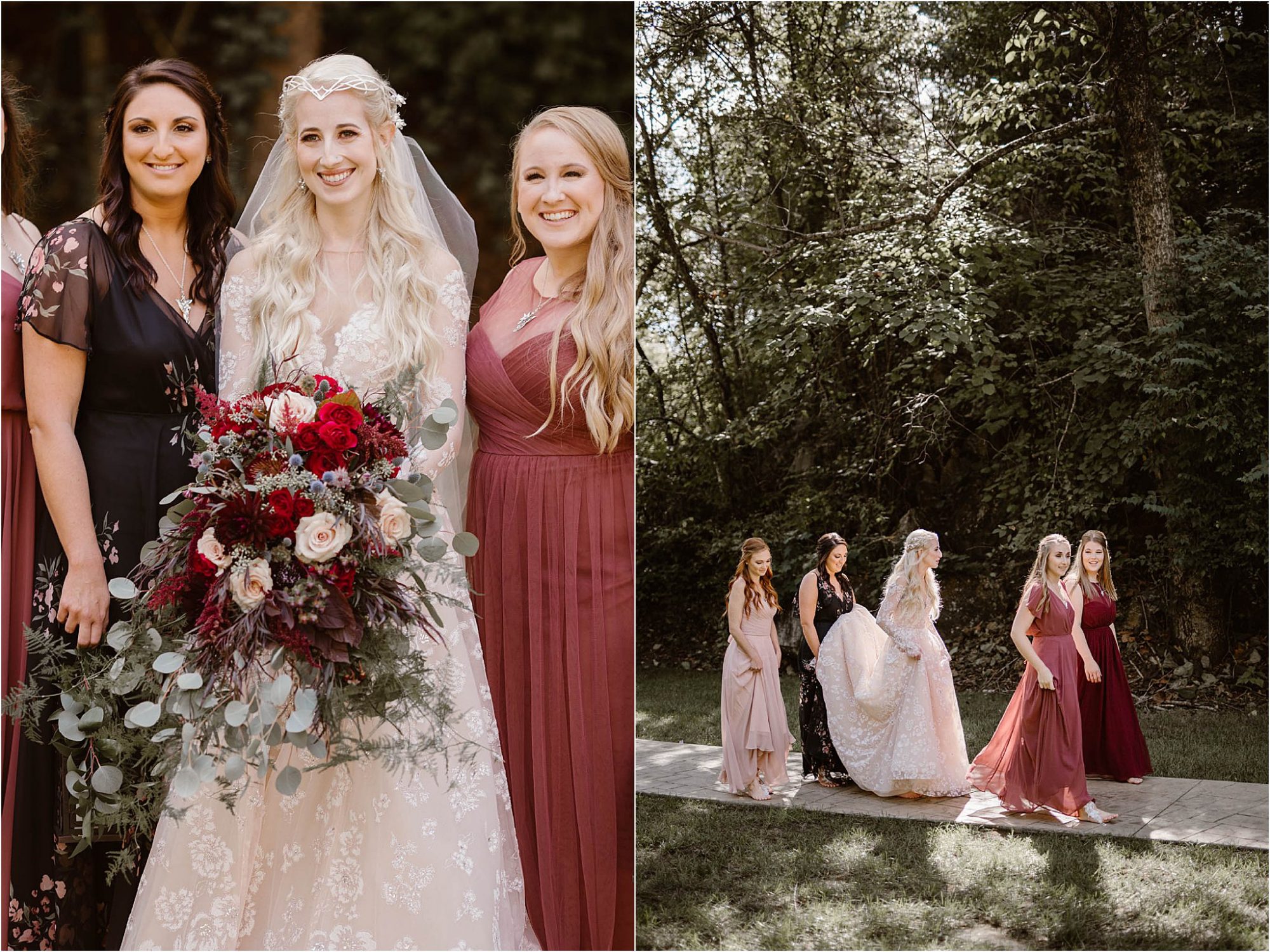 bride and bridesmaids in burgundy color palette