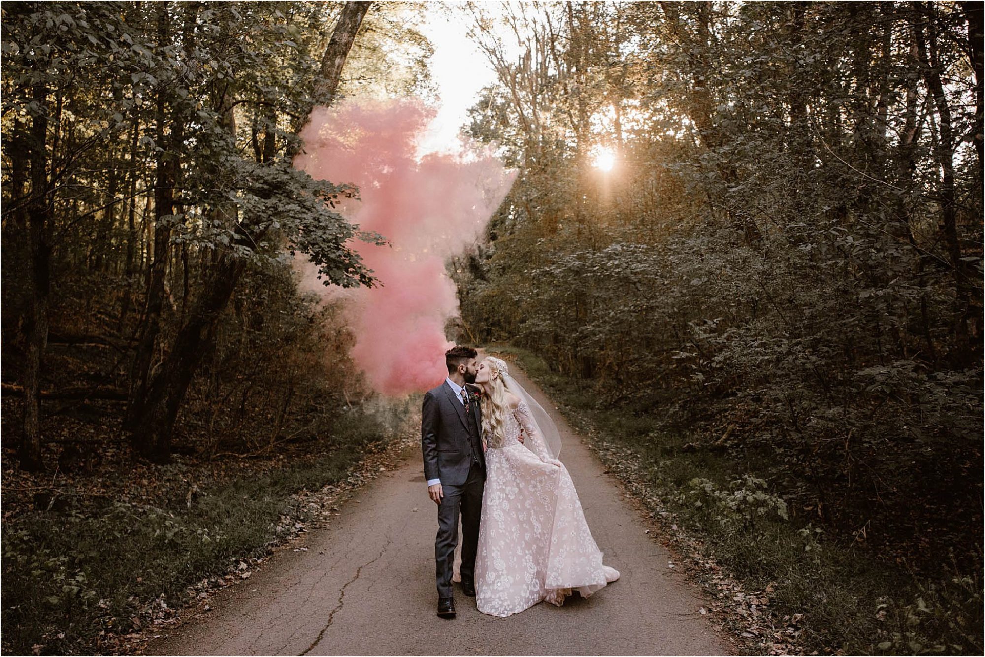 smoke bomb golden hour photos at wedding
