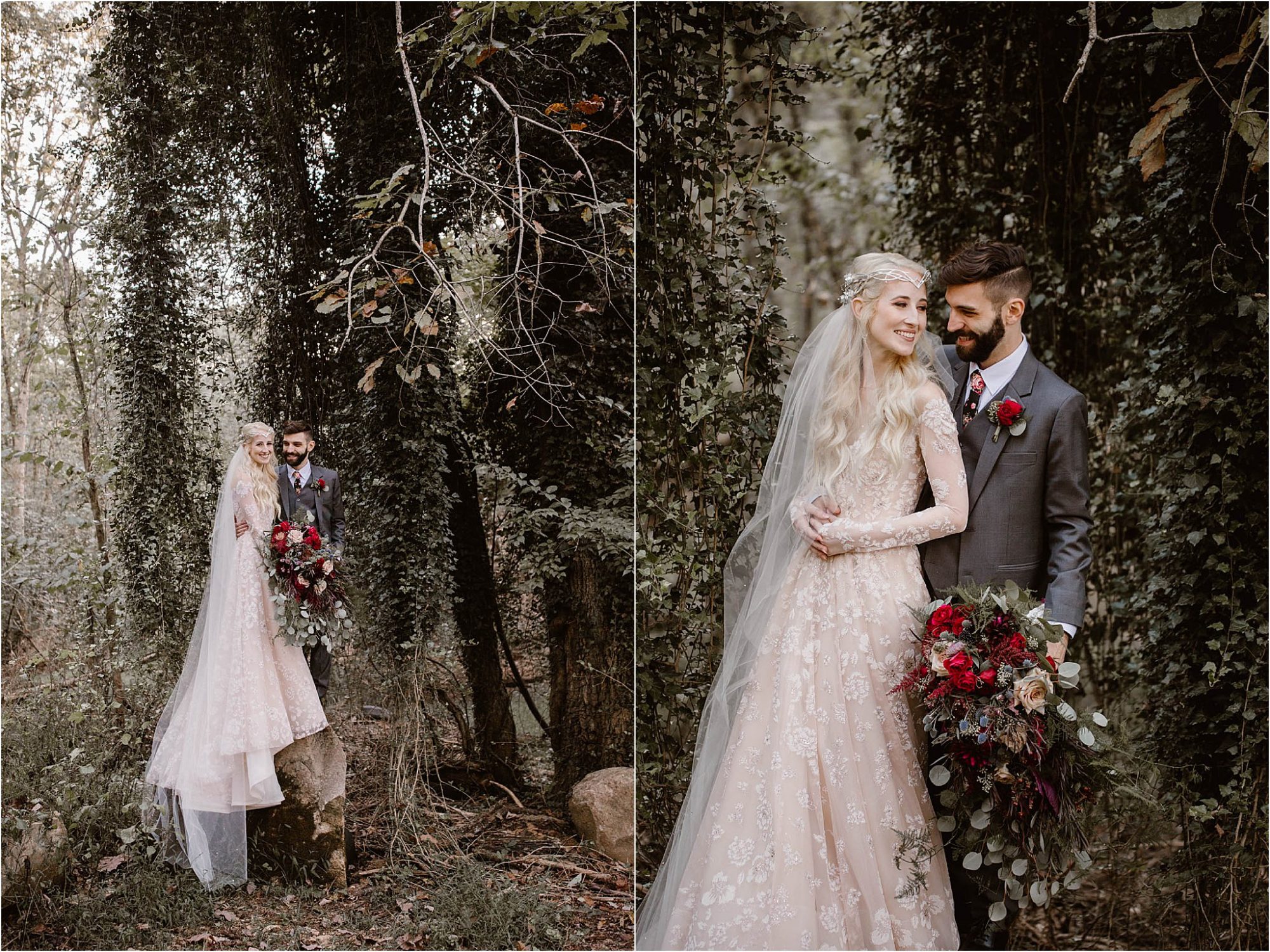 bride and groom standing on ivy rocks