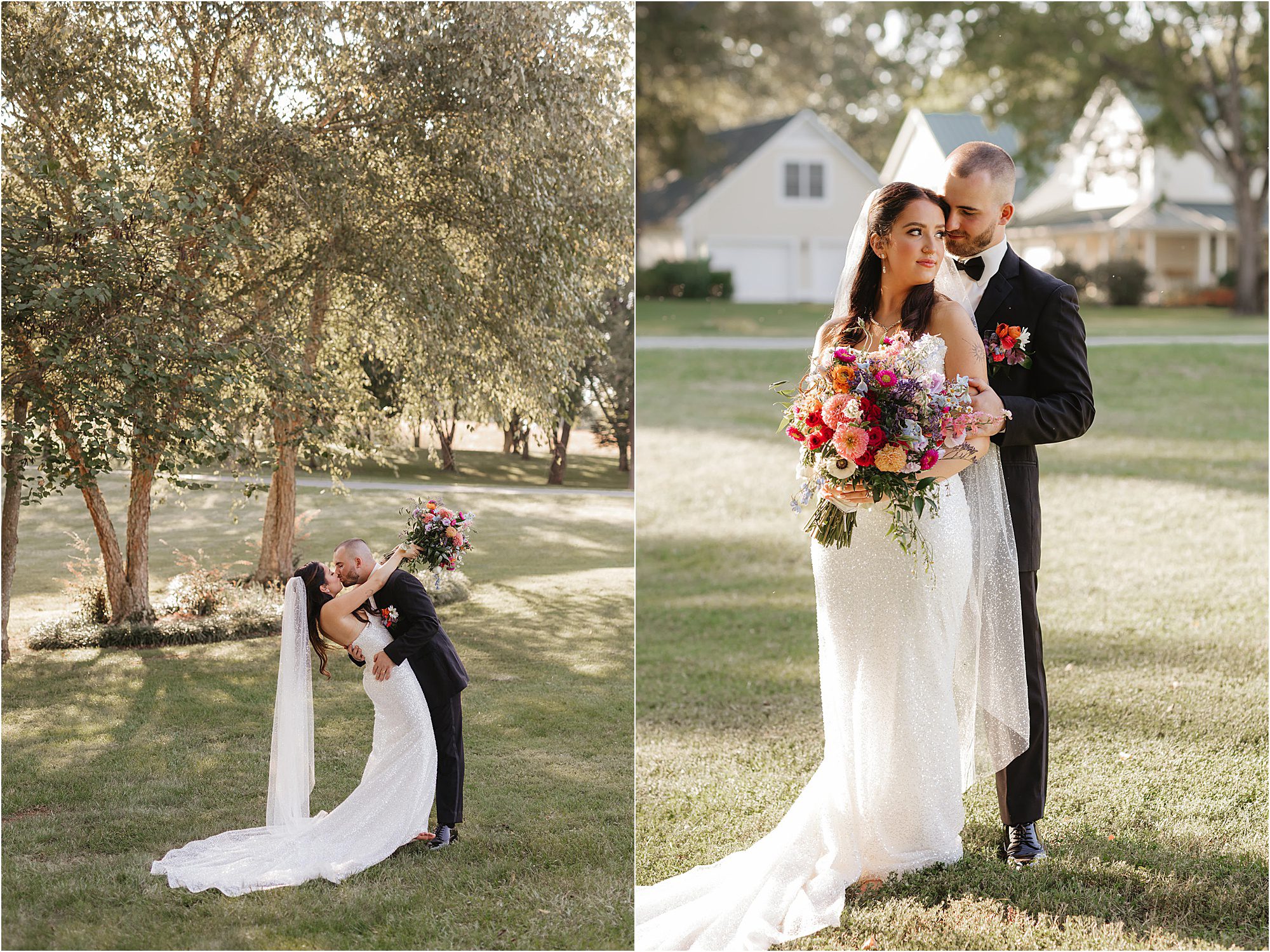 Two wedding photos: On the left, a bride and groom embrace under trees at golden hour photoshoot illuminating her long veil. On the right, they smile together on grass, houses and trees glowing softly in the background.