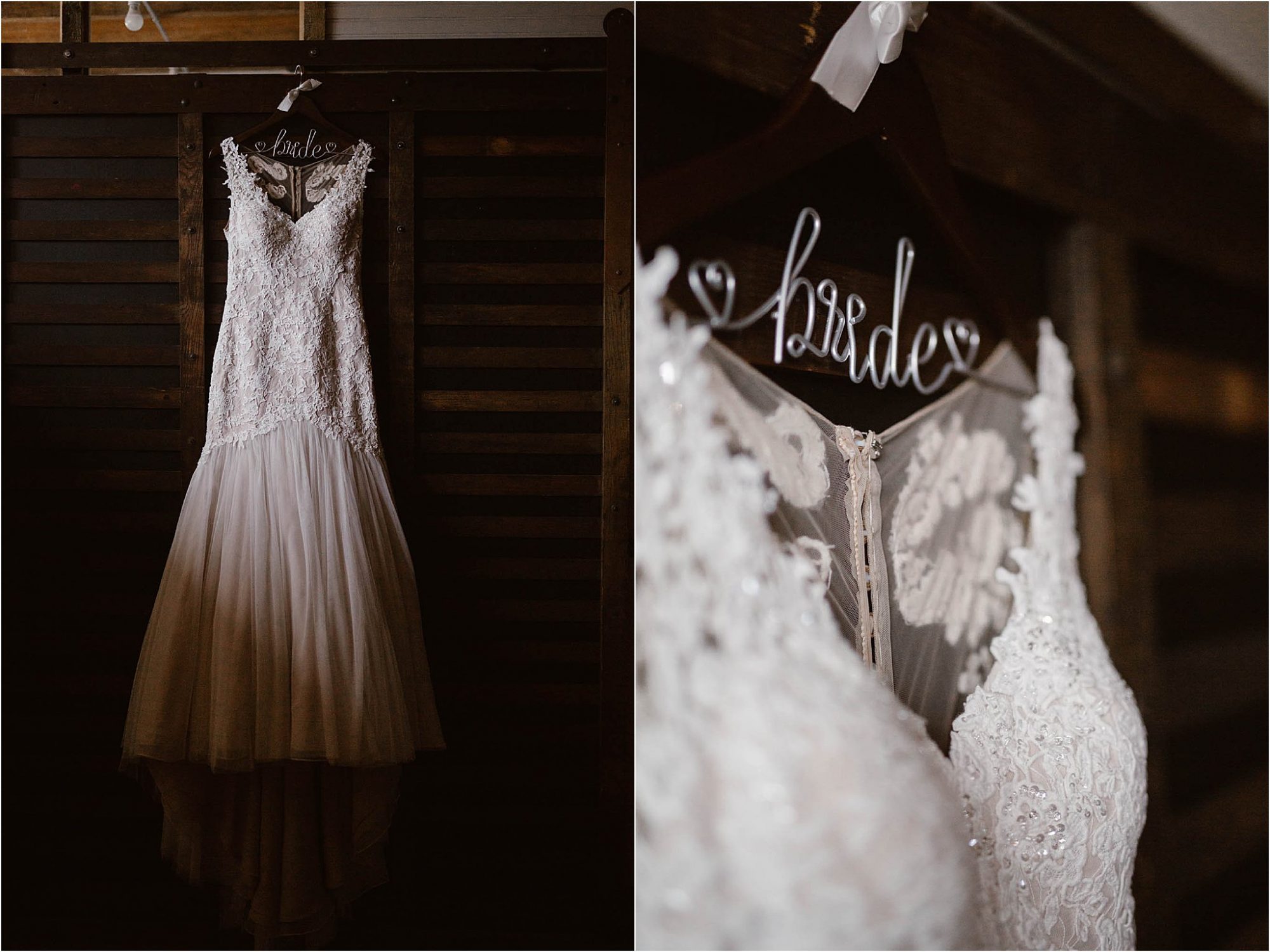 wedding dress hanging on door at Mill and Mine
