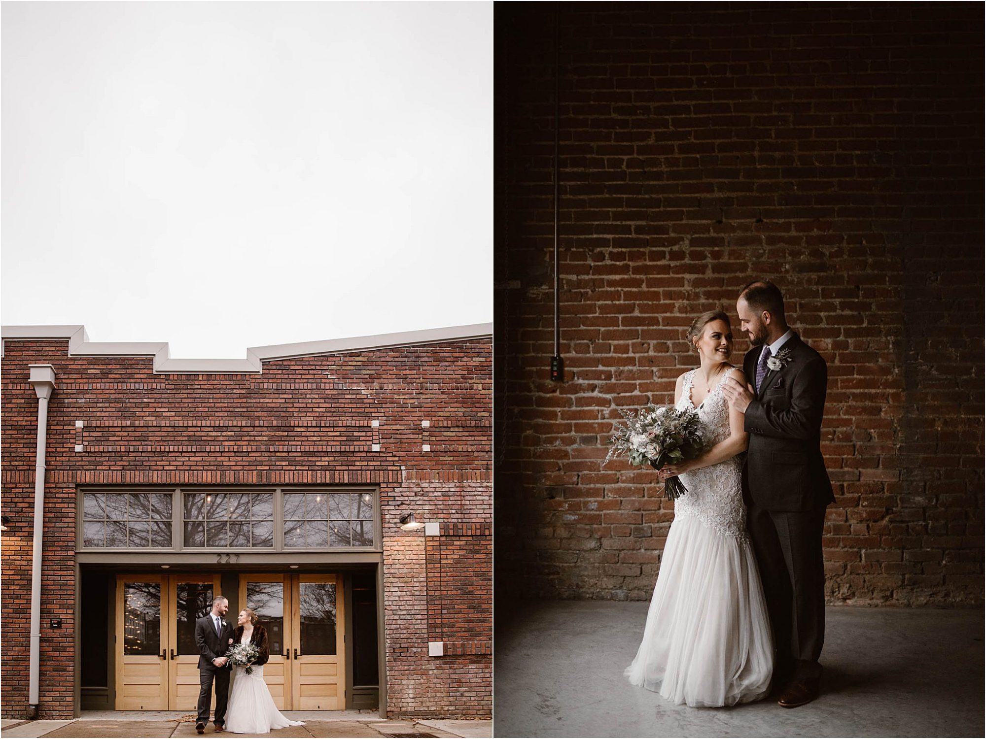 bride and groom standing in front of Mill and Mine Knoxville