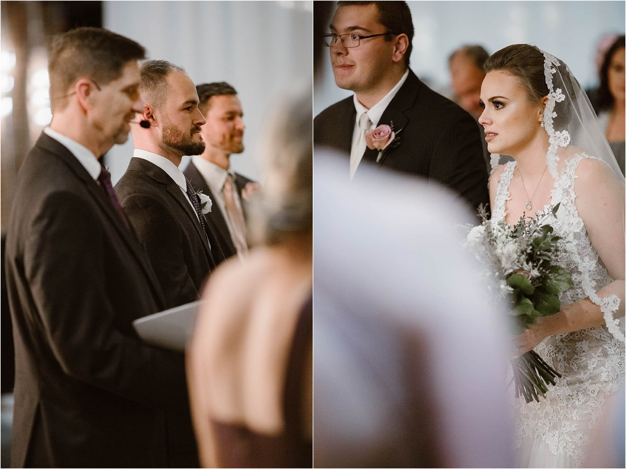 bride and groom seeing each other at aisle on wedding day