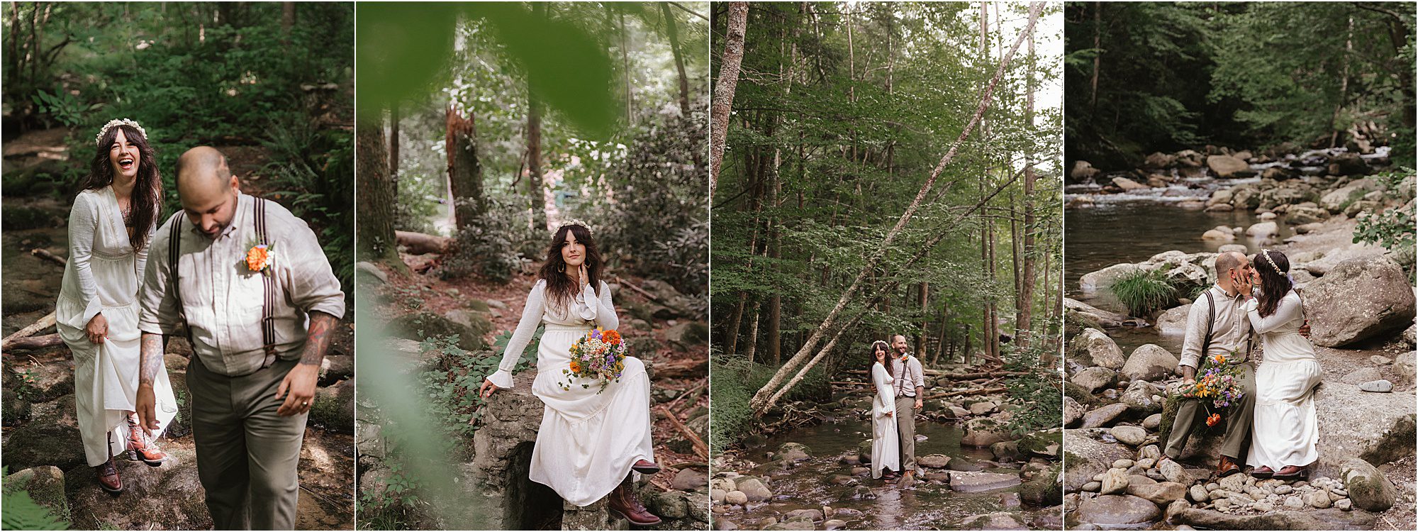 A couple in wedding attire poses playfully by a forest stream in the Great Smoky Mountain National Park, holding flowers, laughing, and sitting on rocks surrounded by lush green trees and flowing water.