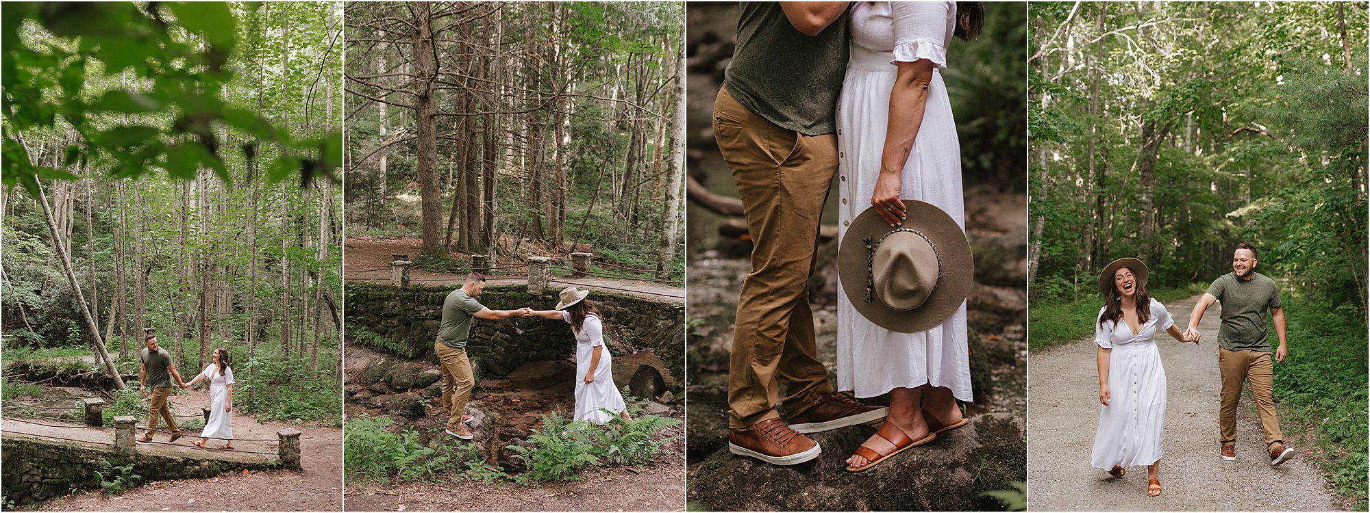 A couple in casual clothes walks and laughs together in a green forest, crossing a bridge and holding hands—capturing the magic of Photos in Elkmont within Great Smoky Mountain National Park. One image shows only their legs and a hat, adding a playful touch to these memorable Elkmont photos.