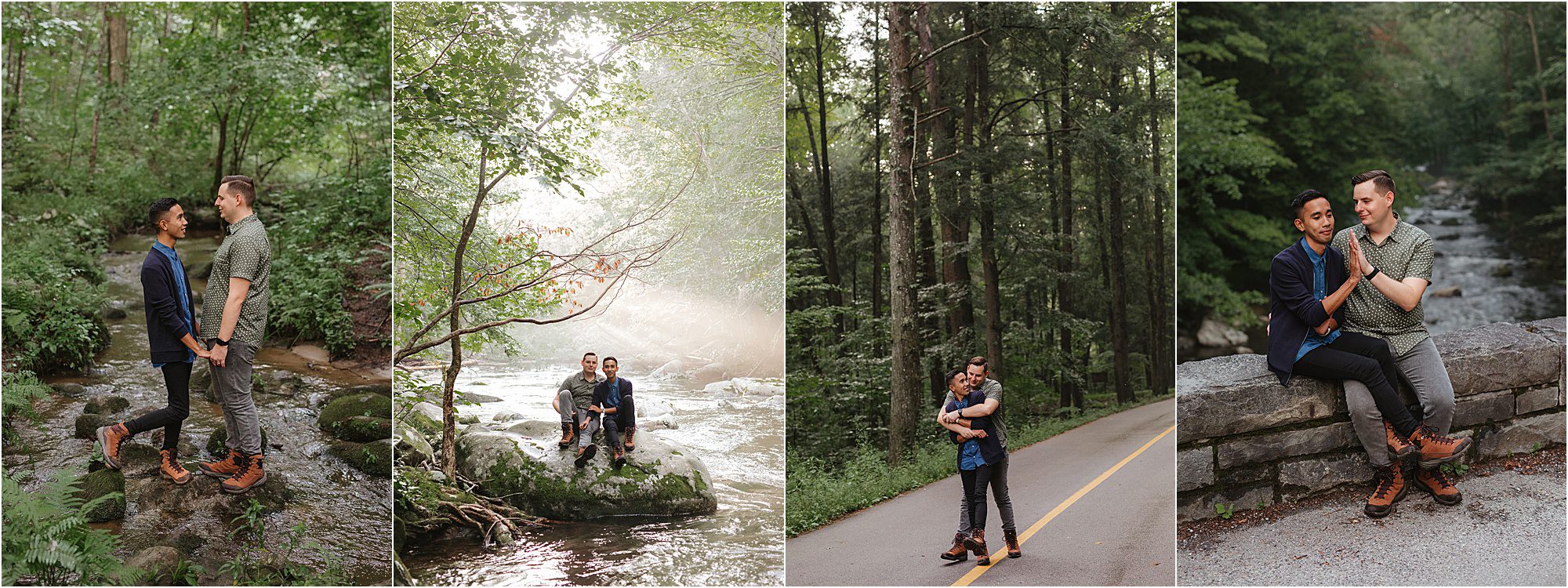 A couple poses together outdoors in four different wooded and riverside locations in Great Smoky Mountain National Park, holding hands, sitting on rocks, hugging, and sitting on a stone wall, surrounded by lush greenery and sunlight—perfect for timeless Photos in Elkmont.