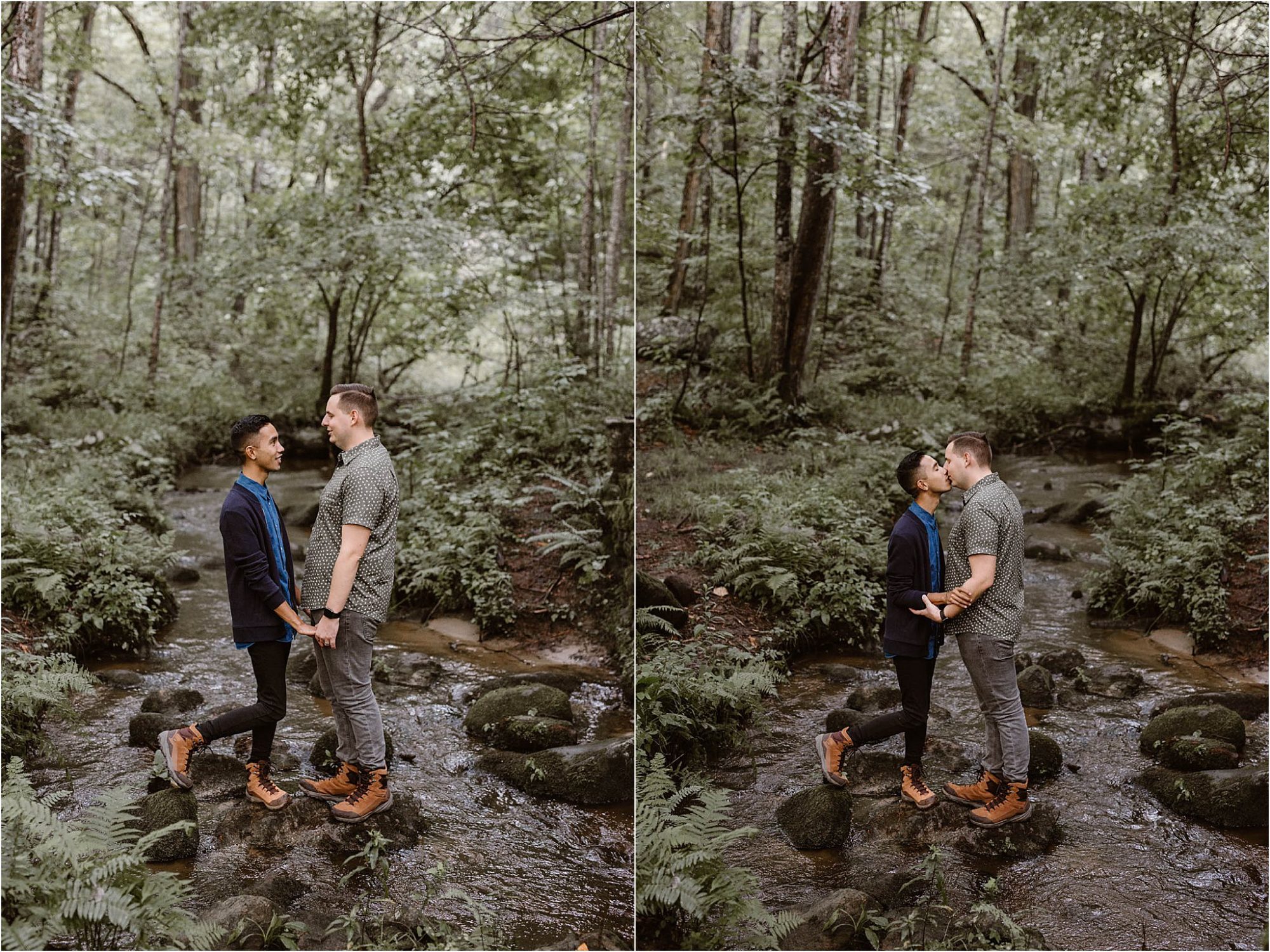 two men kissing on river in woods