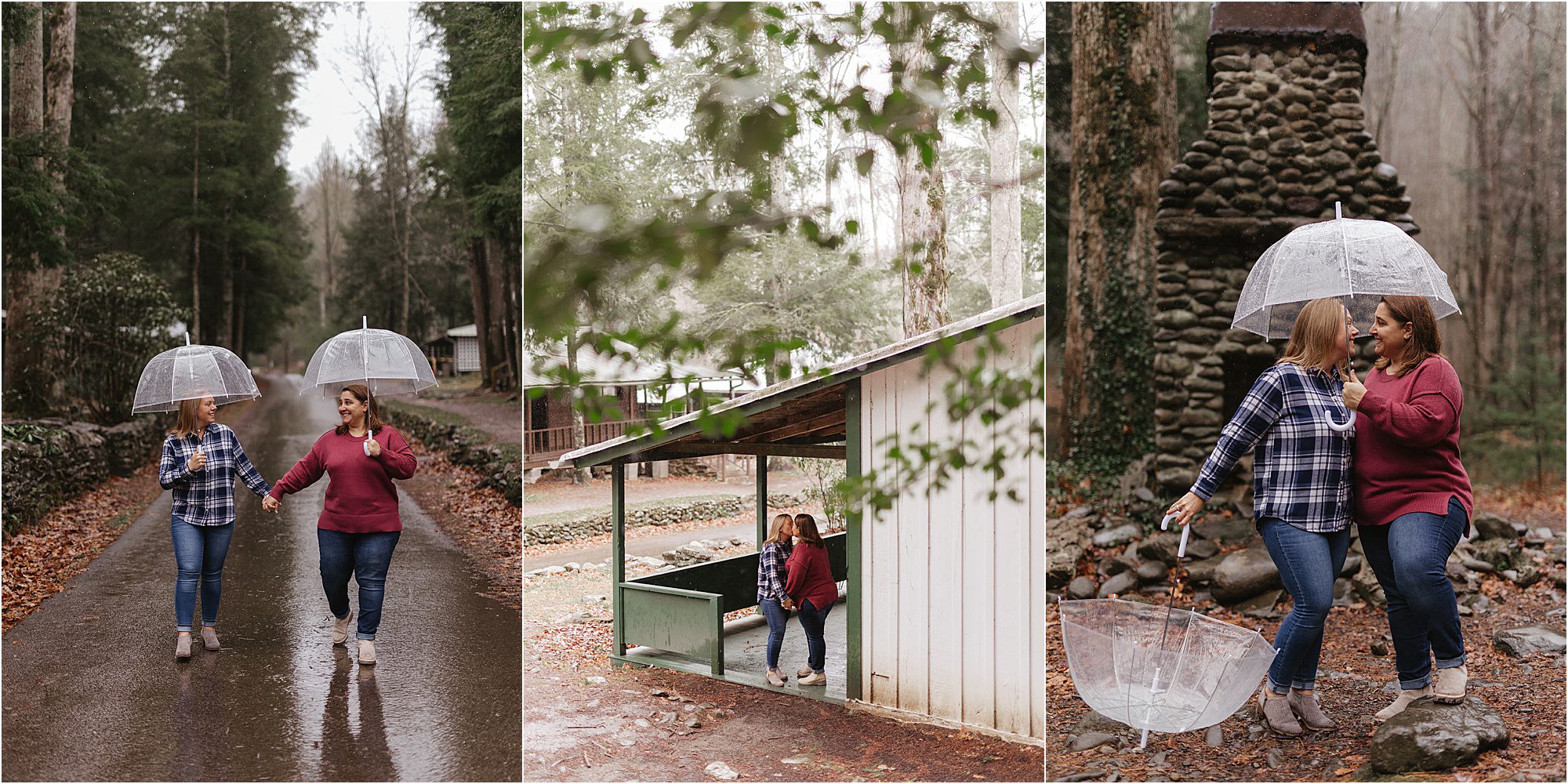 Two women with clear umbrellas walk in a forest, stand by a white shed, and sit together near a stone fireplace. Both wear plaid shirts and jeans, laughing and enjoying a rainy day outdoors as they capture beautiful Elkmont photos in Great Smoky Mountain National Park.