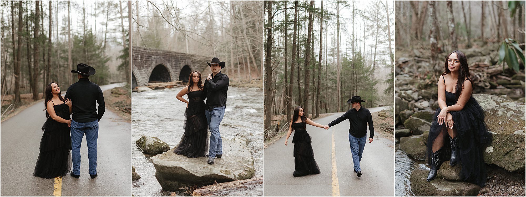 A couple in black outfits poses in a forested area near a stream, stone bridge, and a road. Captured as part of Elkmont Photos, the woman wears a black dress while the man sports a cowboy hat and jeans. They are walking, standing, and sitting together in this scenic spot reminiscent of Great Smoky Mountain National Park.
