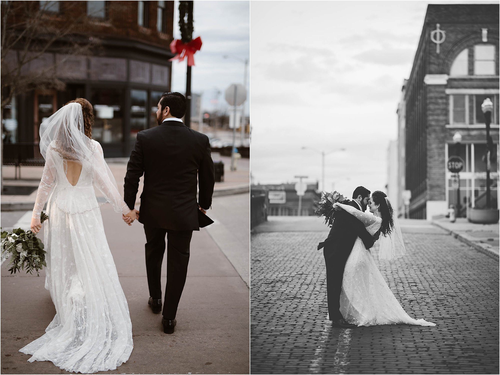 bride and groom walking on brick road