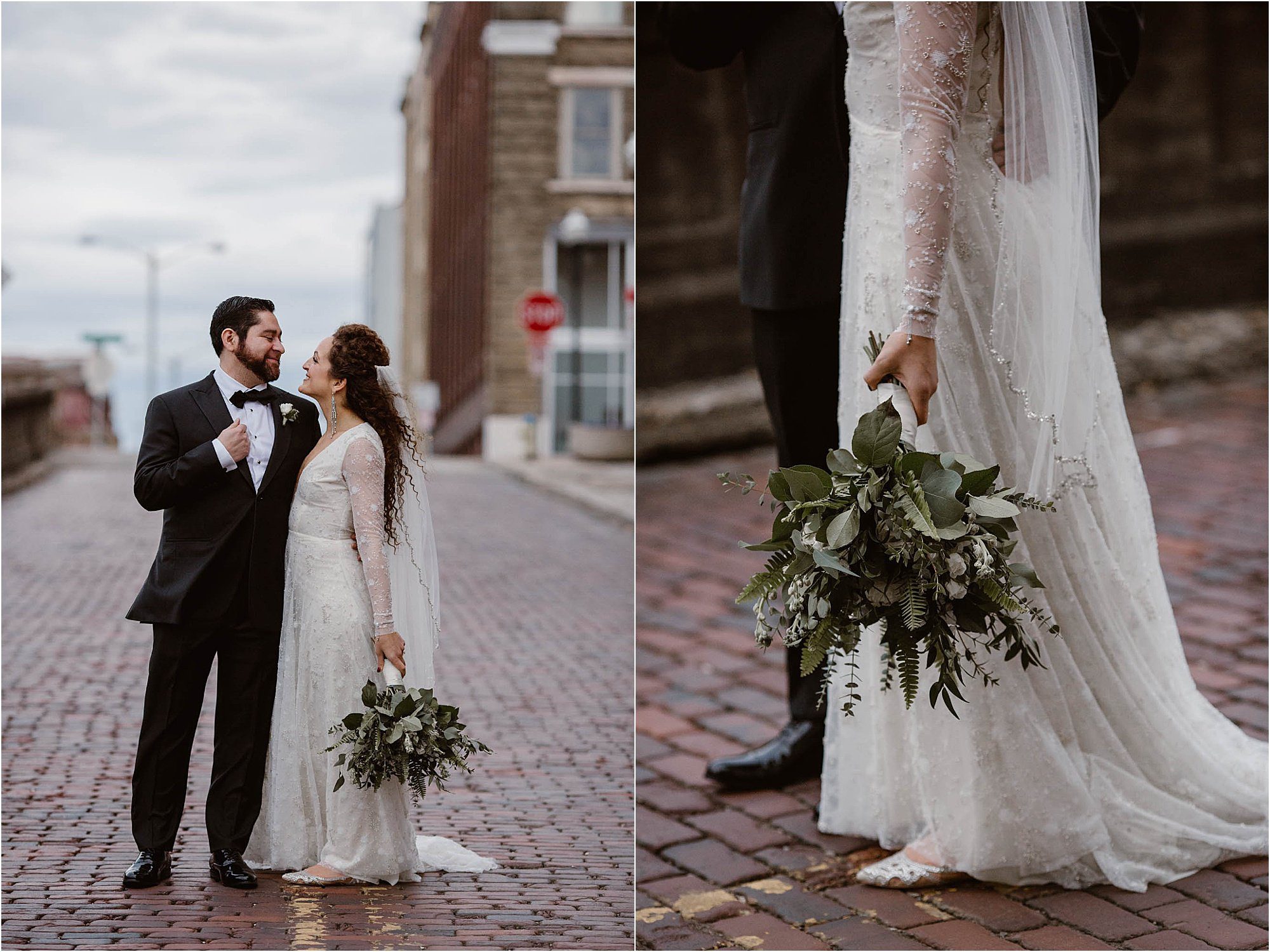 bride and groom kissing on brick road