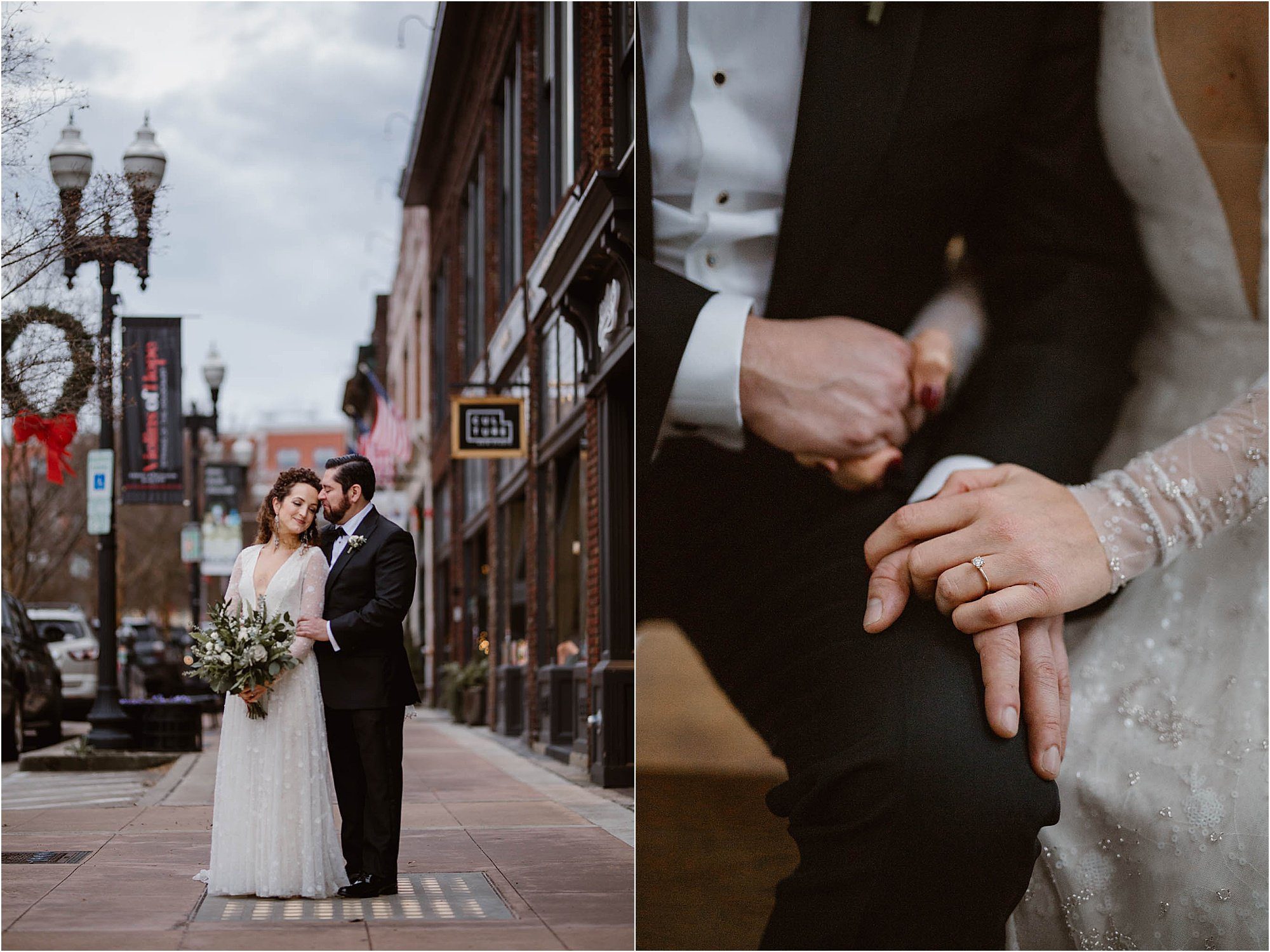 bride and groom portraits on downtown street