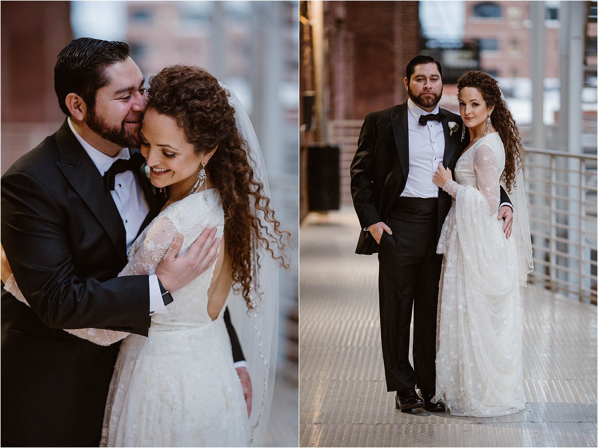 bride and groom portraits on crosswalk