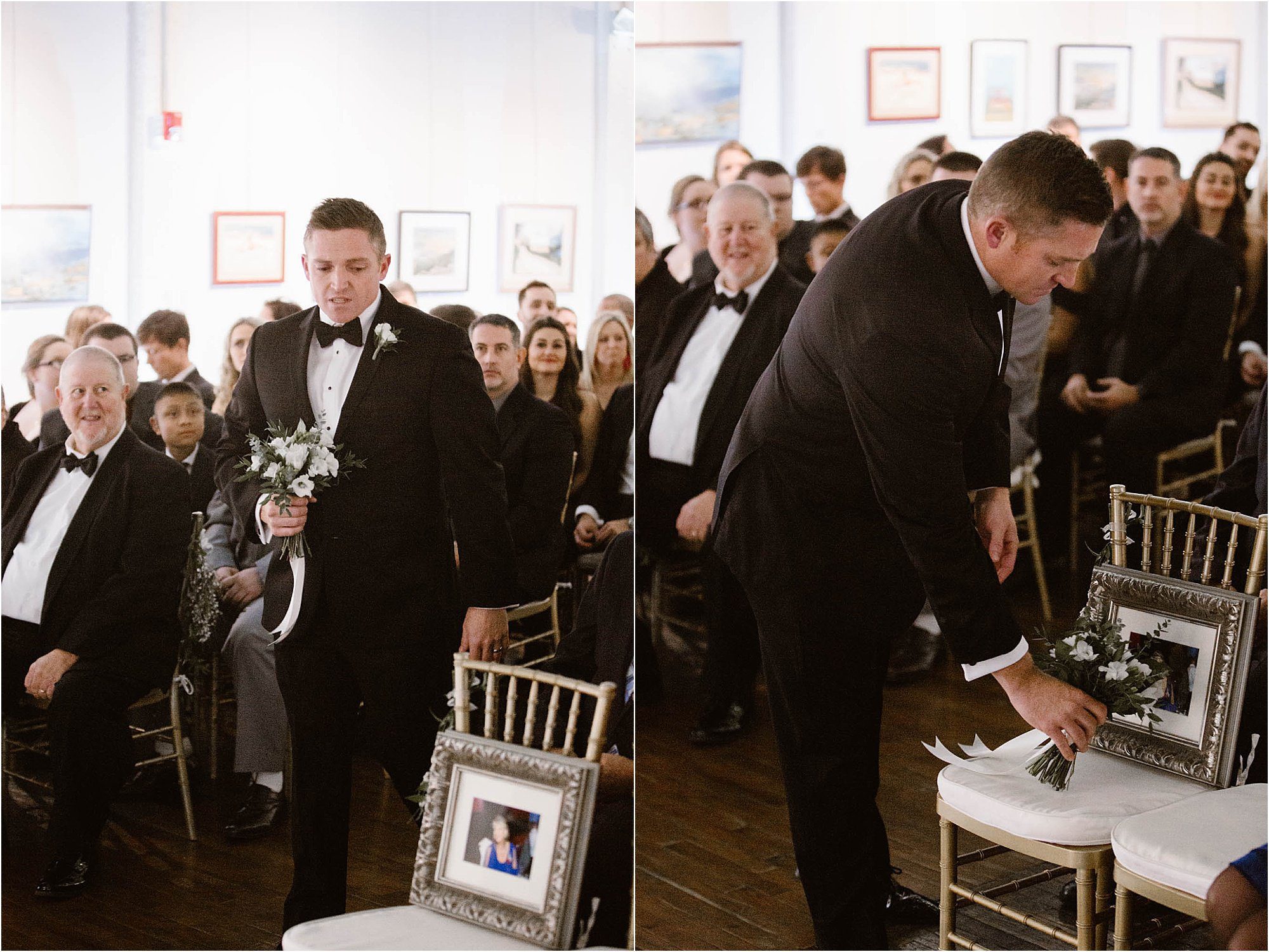 groomsman placing flowers on chair at wedding
