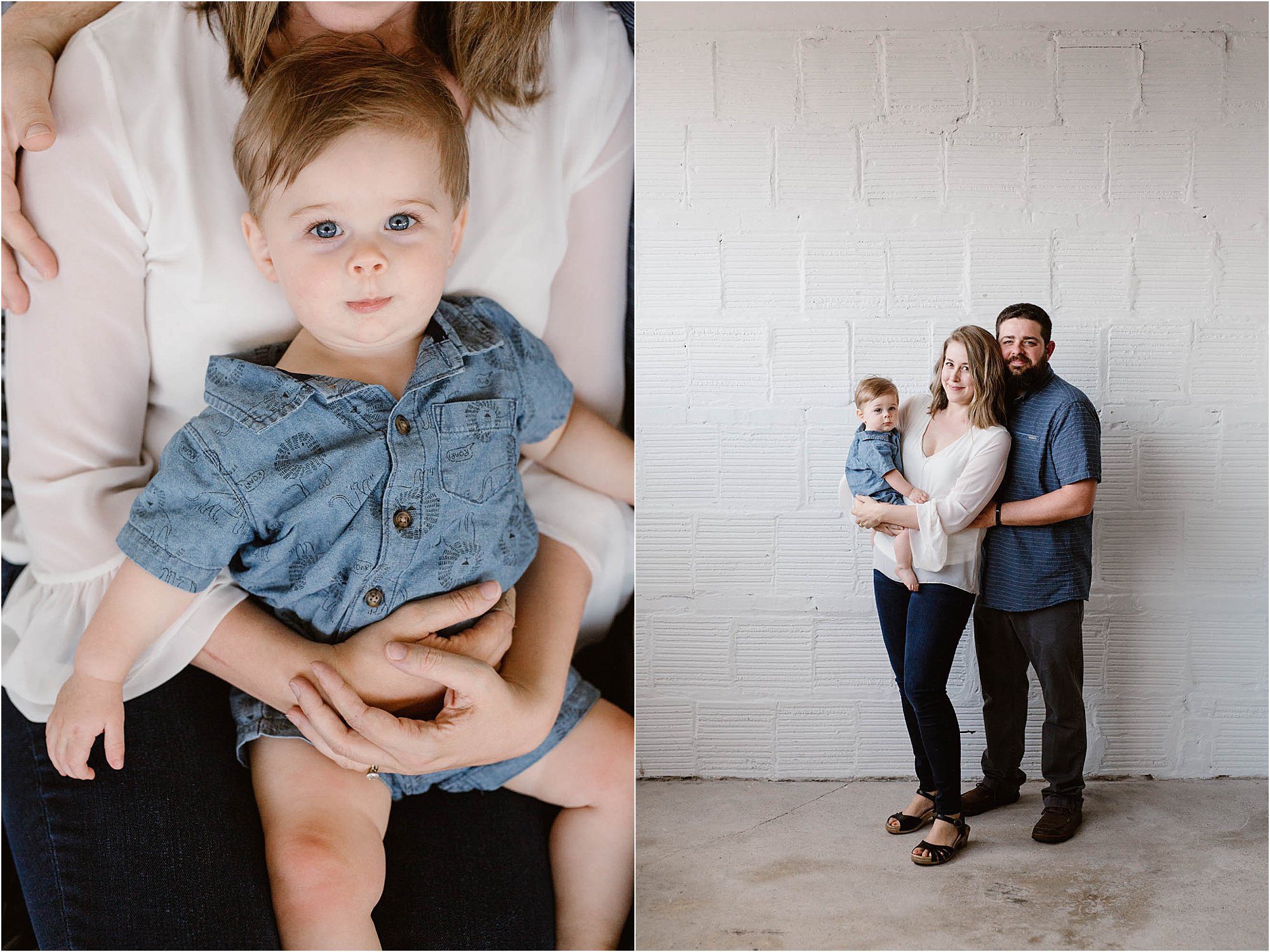 posed family photos In warehouse with man, woman, and baby