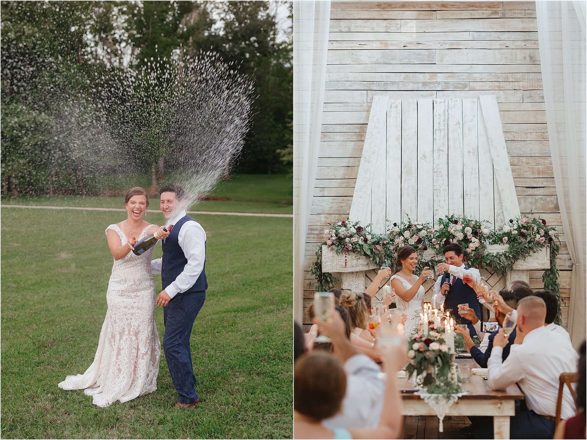On the left, a bride laughs as the groom sprays champagne outdoors, capturing the festive spirit of alcohol at weddings. On the right, the couple sits at a decorated table indoors, toasting with guests at their wedding reception.