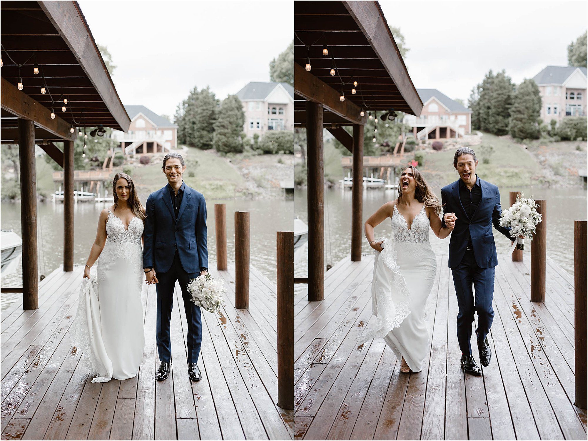 bride and groom portraits on boat dock