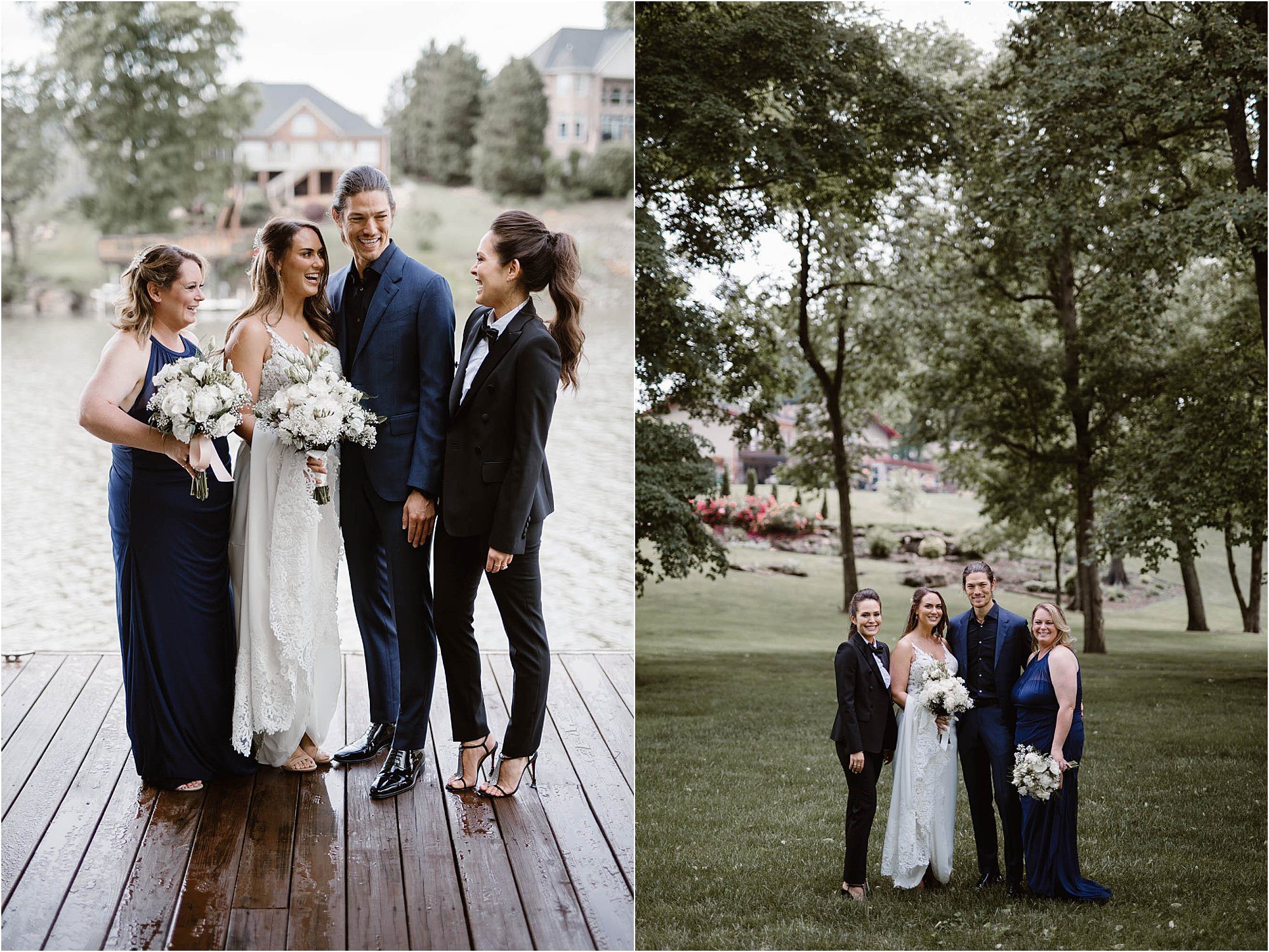 bridal party photos on boat dock