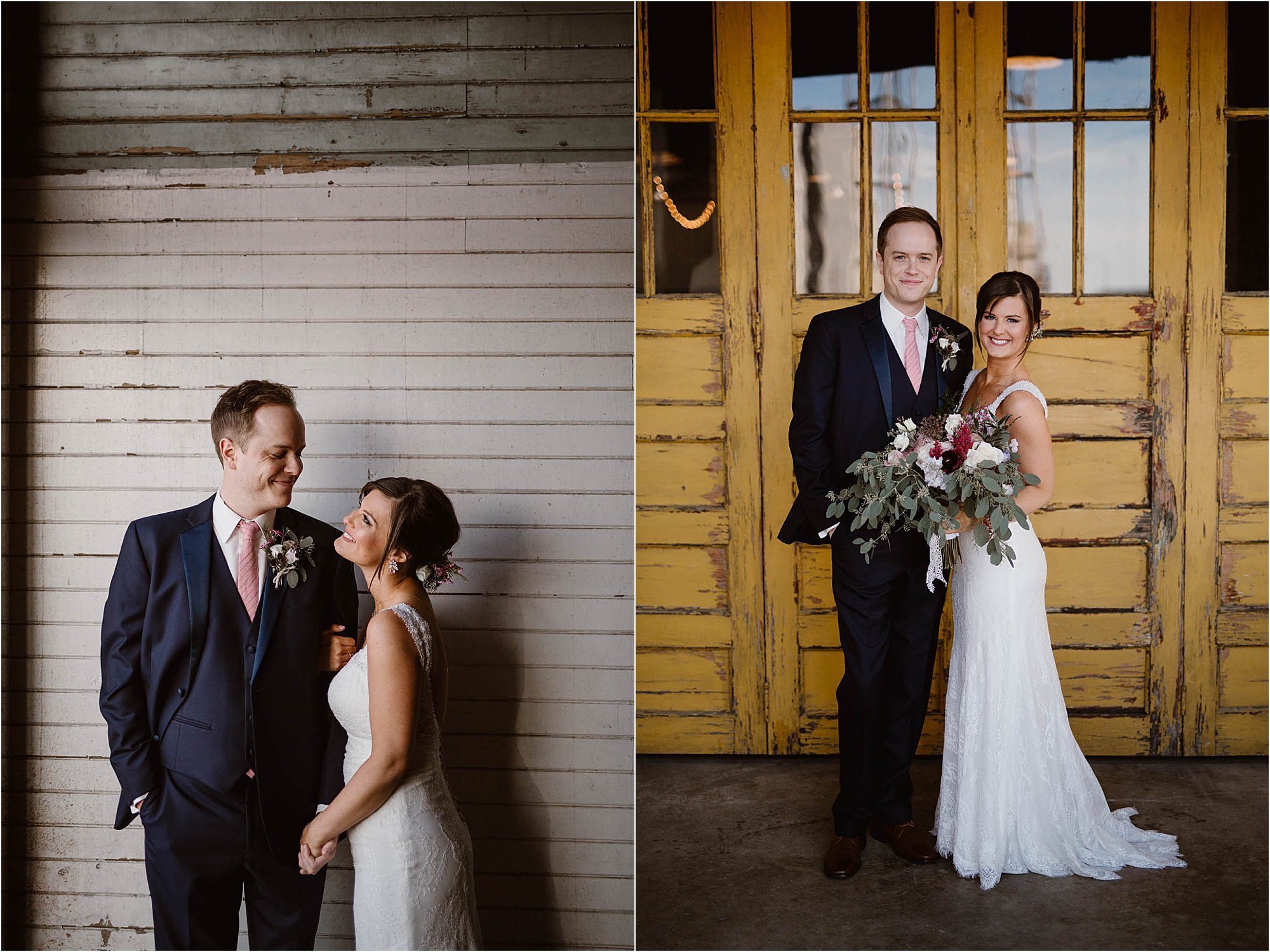 bride and groom portraits in front of yellow door