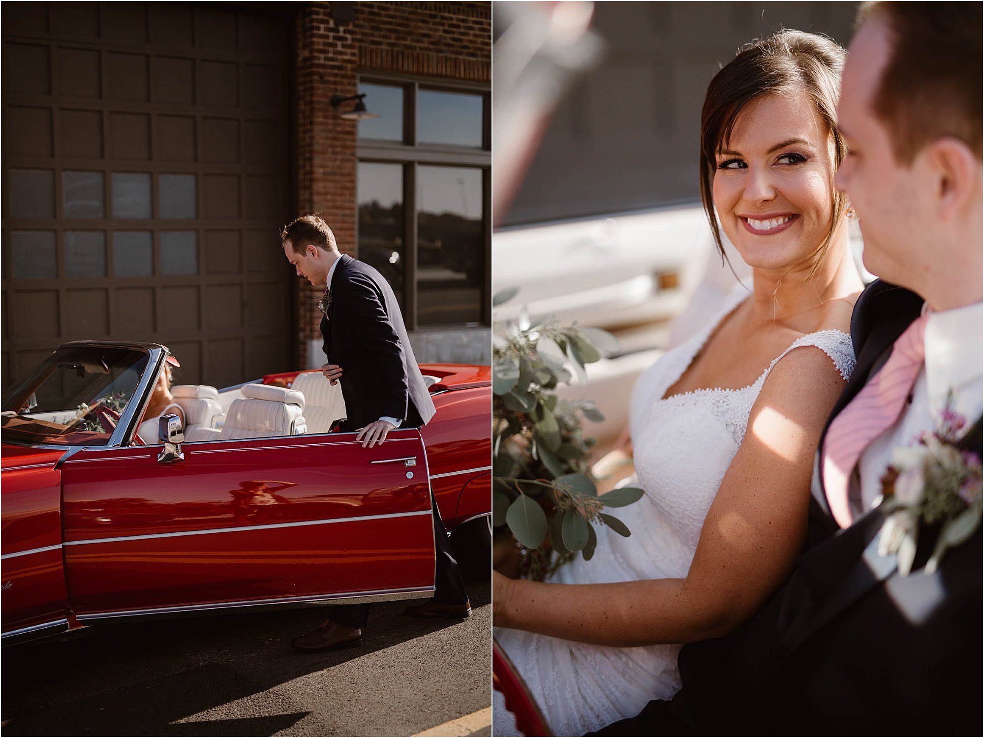 bride and groom sitting in red convertible