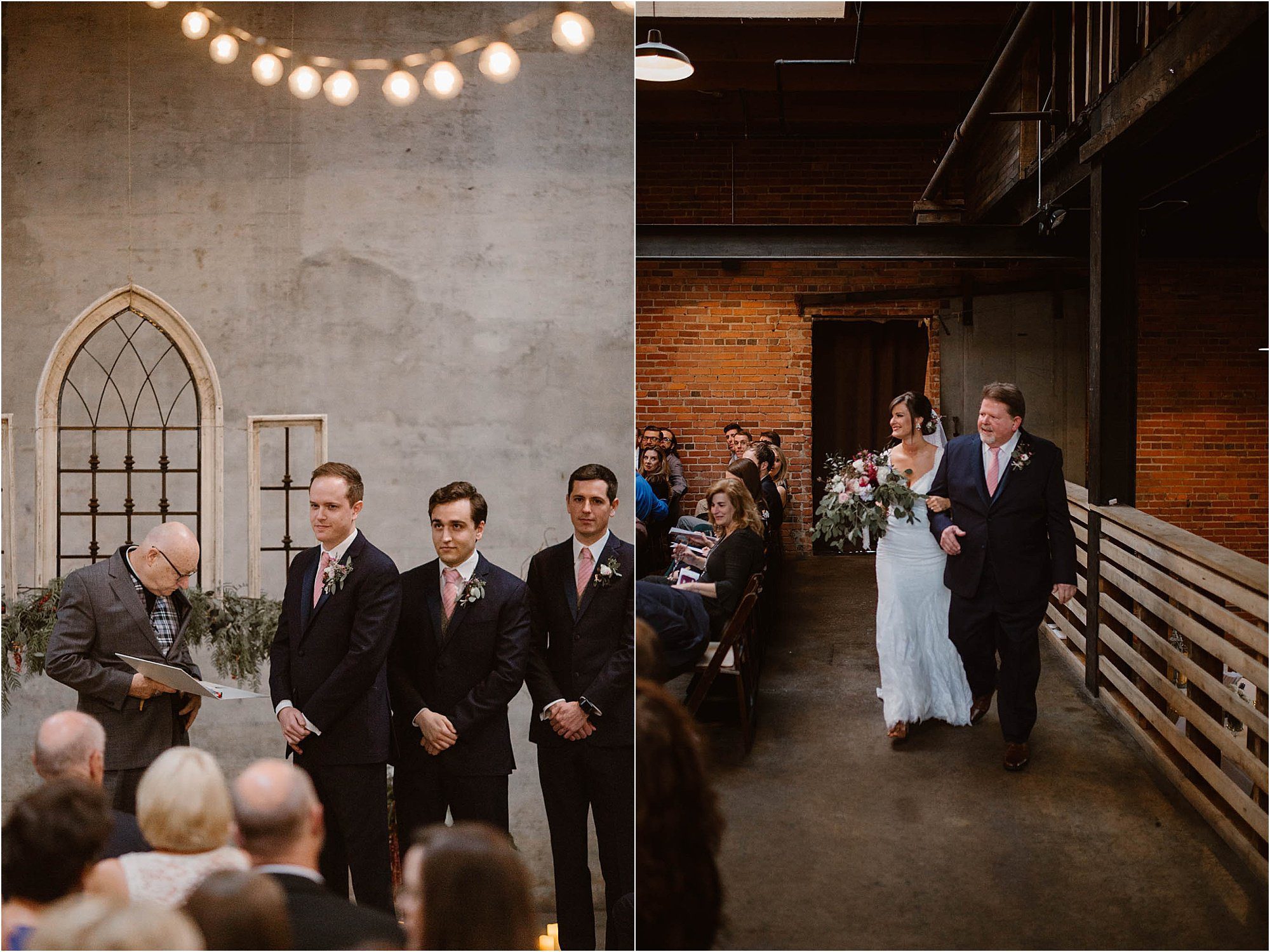 bride walking into wedding while groom watches