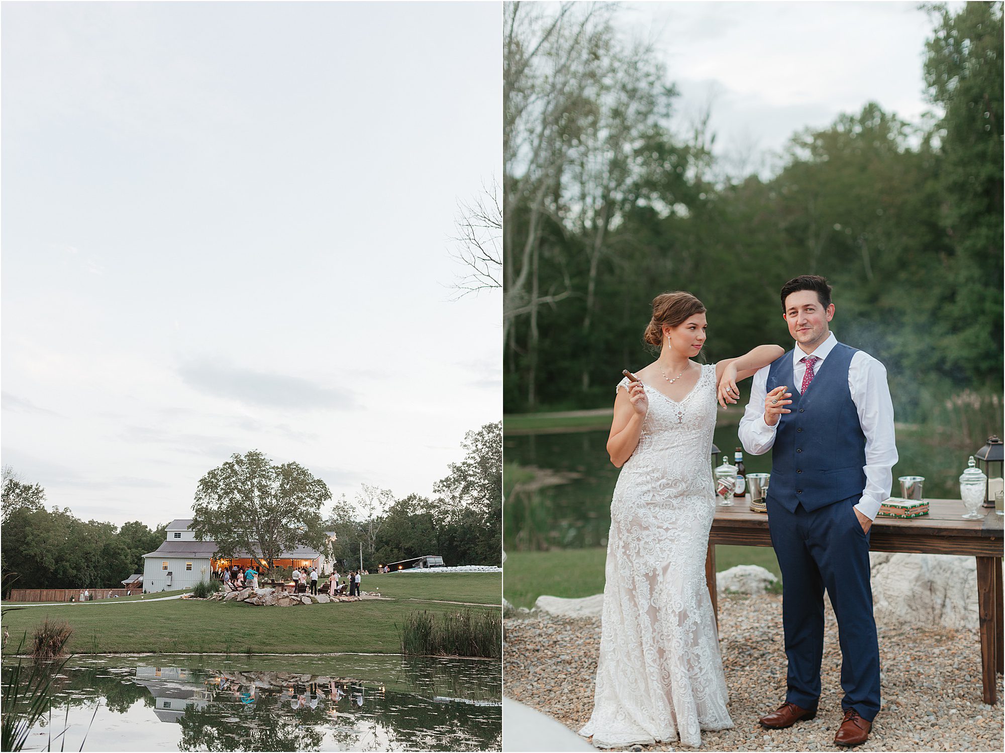 On the left, a wedding reception unfolds near a pond with people gathered around, embodying tips for a successful celebration. On the right, a bride in lace and a groom in vest and tie stand casually by a wooden table outdoors, cigars in hand, enjoying their perfect moment.