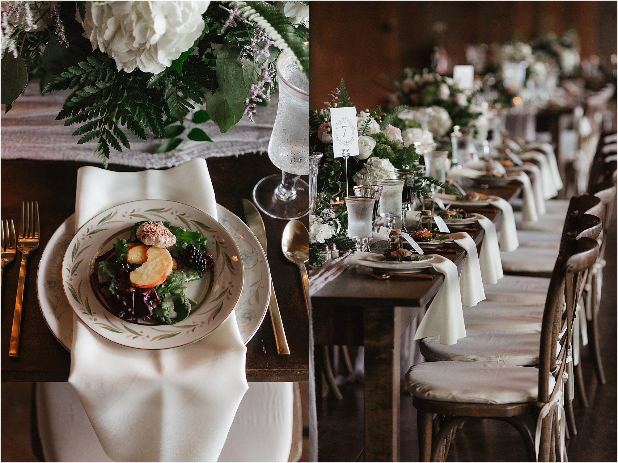 Elegant dining setup featuring a long table with white chairs and lush floral centerpieces, ideal for any wedding reception. Each place setting includes a salad plate, gold cutlery, and a neatly folded napkin. Soft lighting tips enhance the sophisticated ambiance for a successful evening.