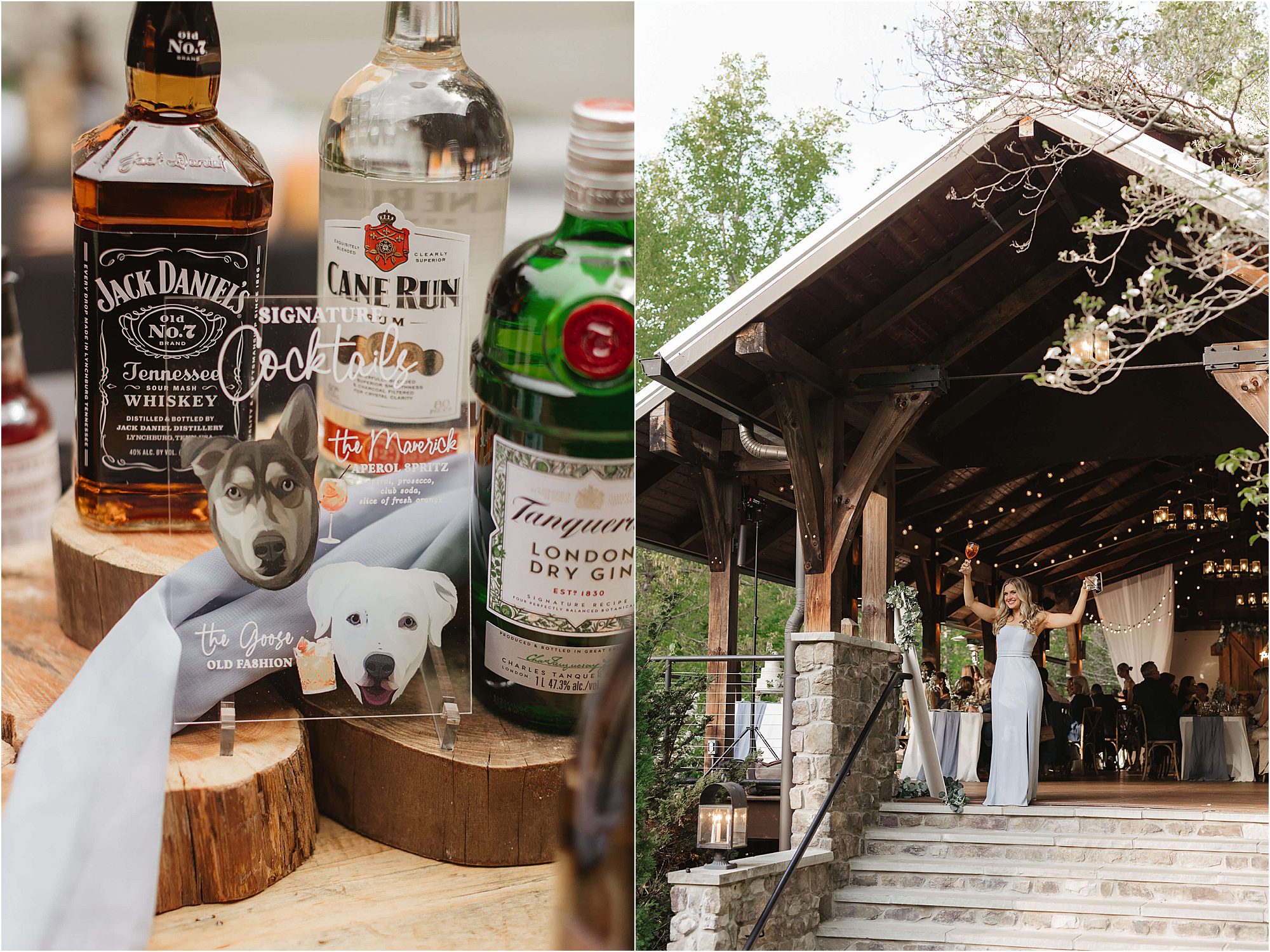 Left: Bottles of various spirits on a wooden table with a card featuring illustrations of two dogs. Right: A couple joyfully walks down steps from a rustic outdoor pavilion, surrounded by greenery and festive lights—an ideal setting aligned with tips for a successful wedding reception.