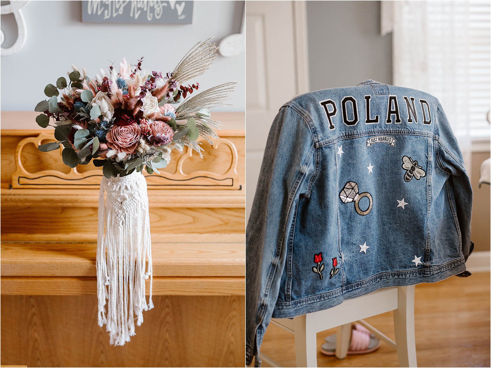 etsy boho wedding bouquet and personalized jean jacket