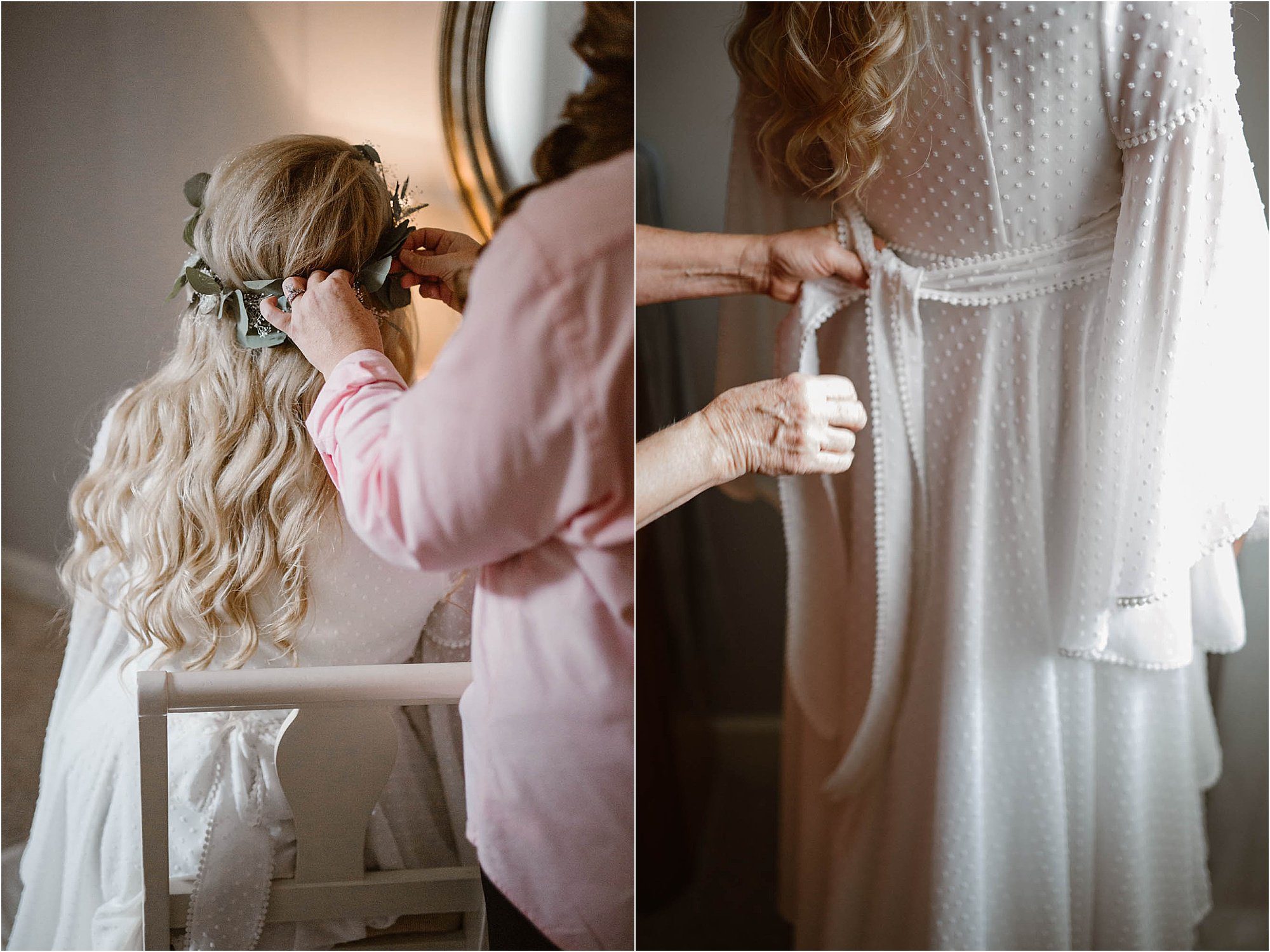 bride getting into wedding dress with sleeves