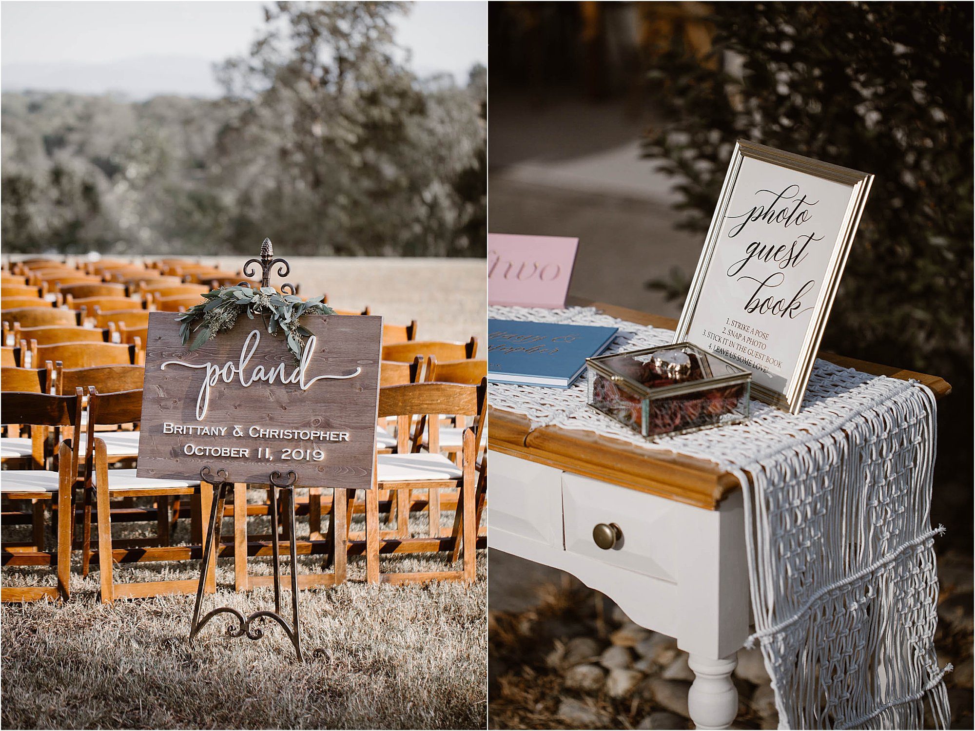 boho wedding ceremony sign and table decorations