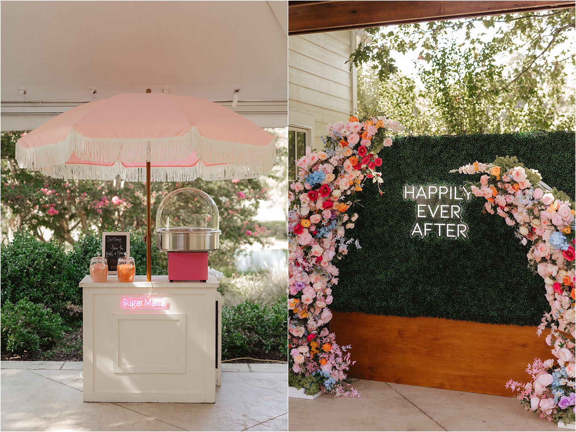 Left: A pink cotton candy stand with a striped umbrella and jars of candy. Right: A floral arch with colorful flowers surrounds a Happily Ever After neon sign—perfect inspiration for Tips For A Successful Wedding Reception.