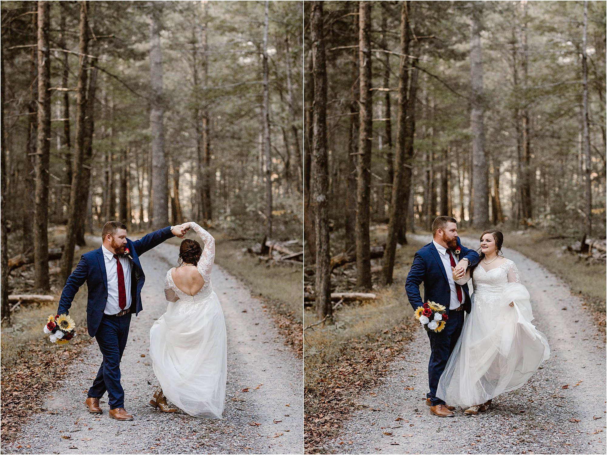 bride and groom dancing on gravel road