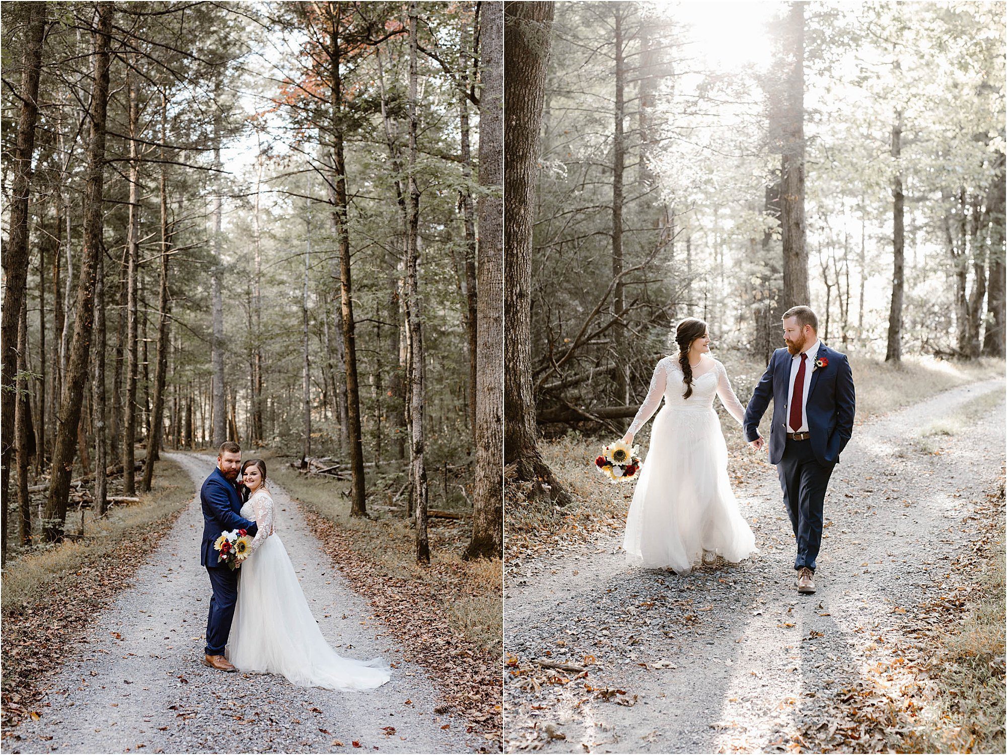 bride and groom walk and kiss on gravel road