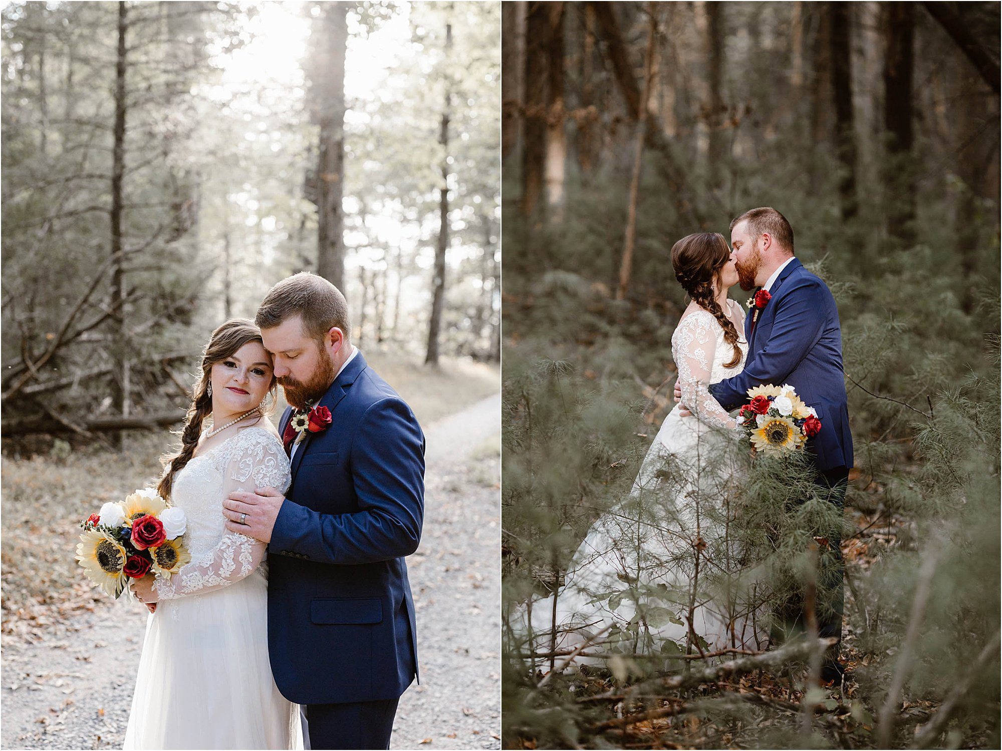 bride and groom kiss in evergreens
