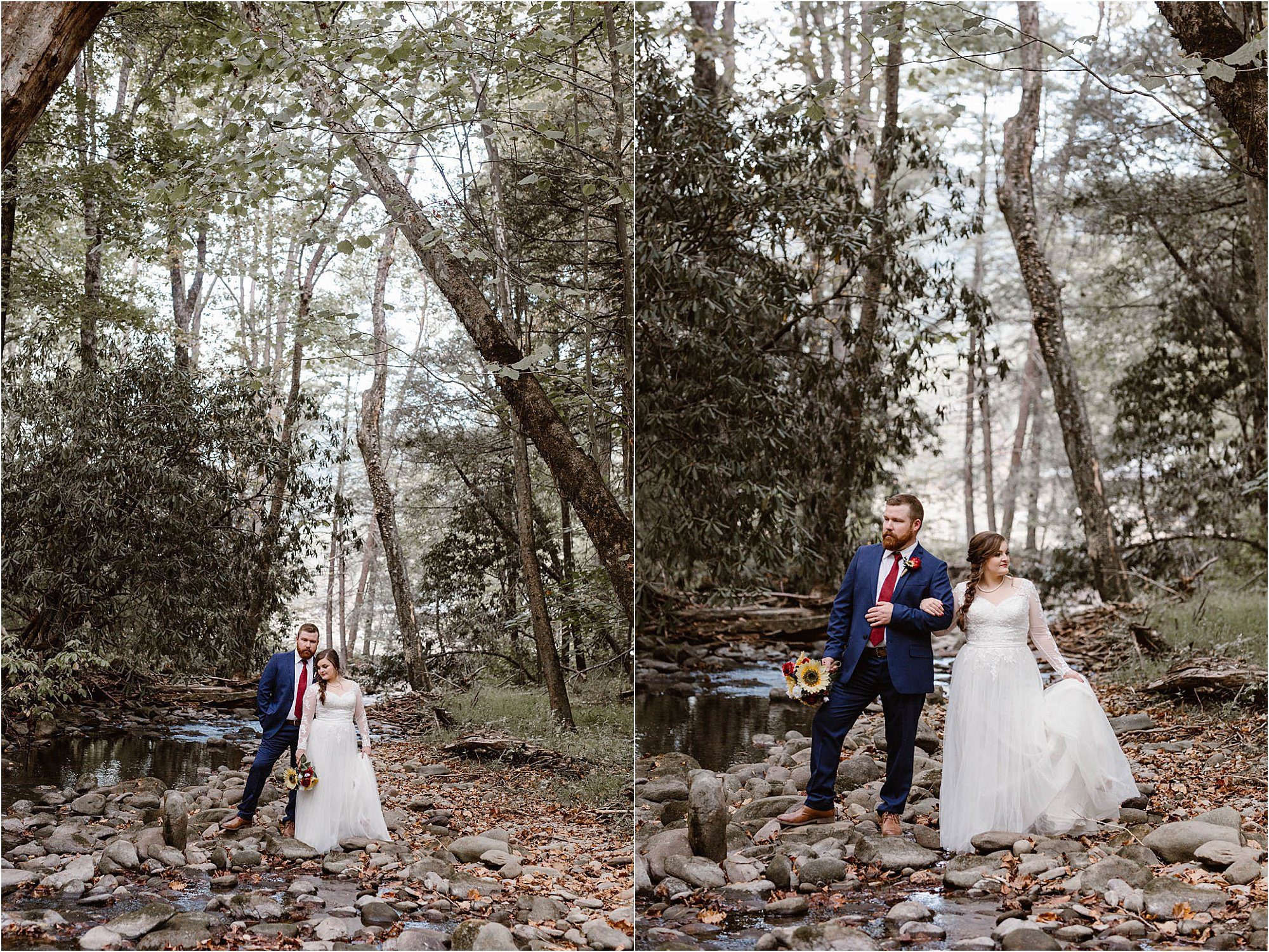 bride and groom standing on riverbed in The Great Smoky Mountains