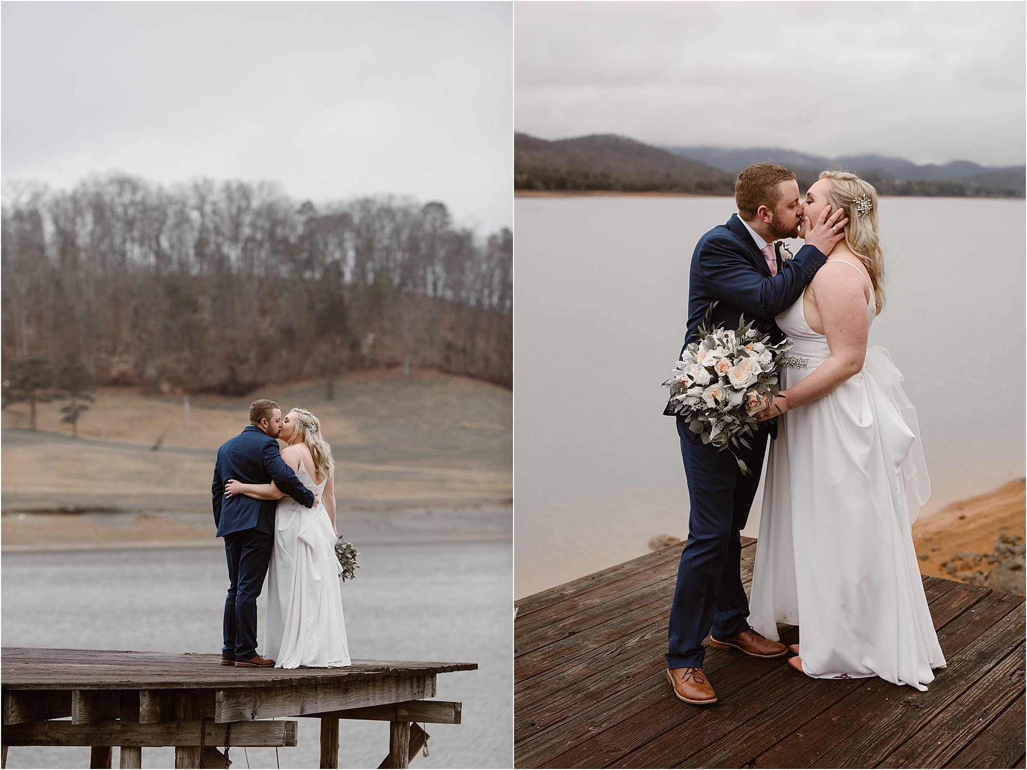 bride and groom kissing at Bean Station Wedding Venue