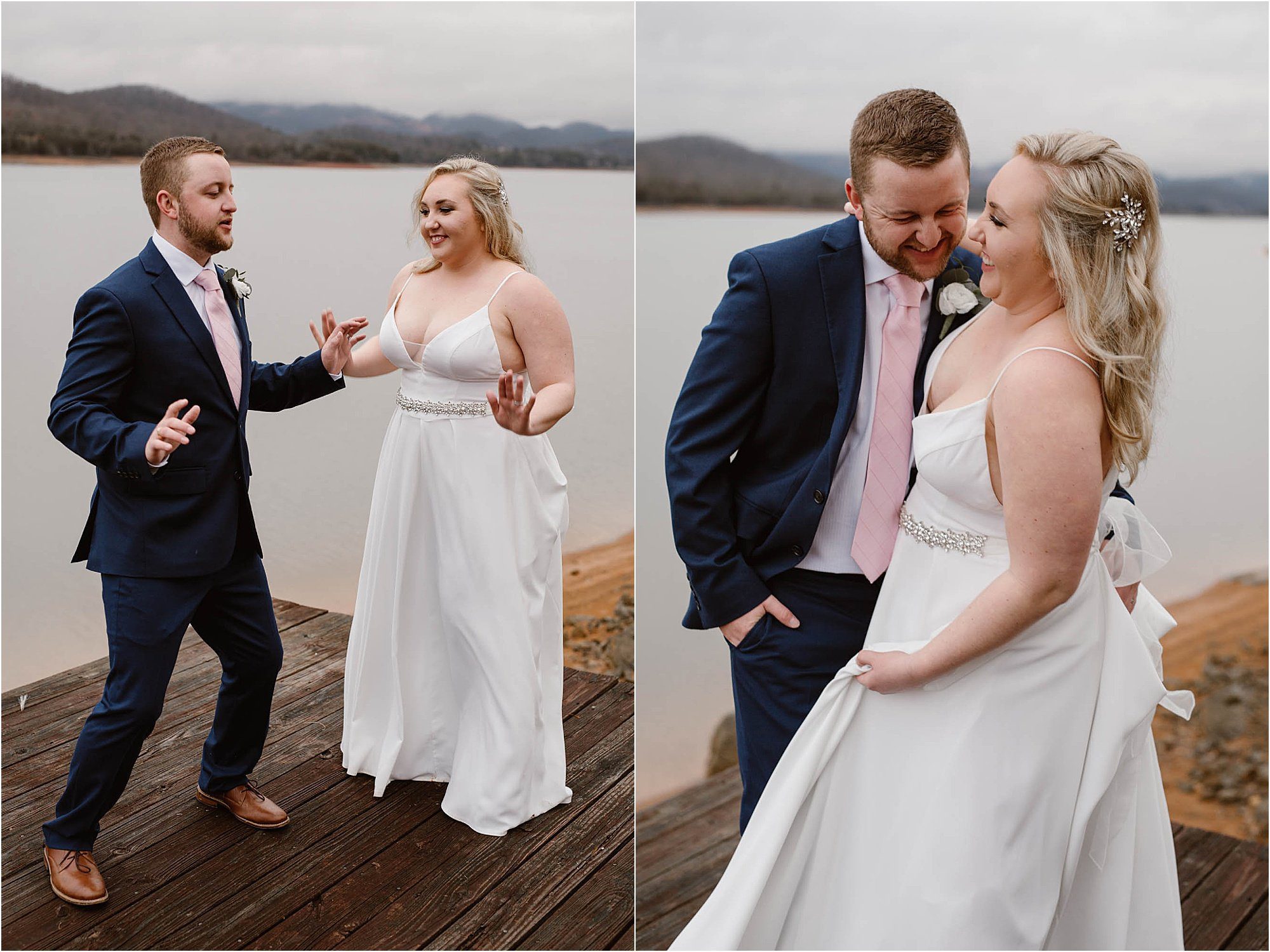 bride and groom dancing and signing while standing on a dock