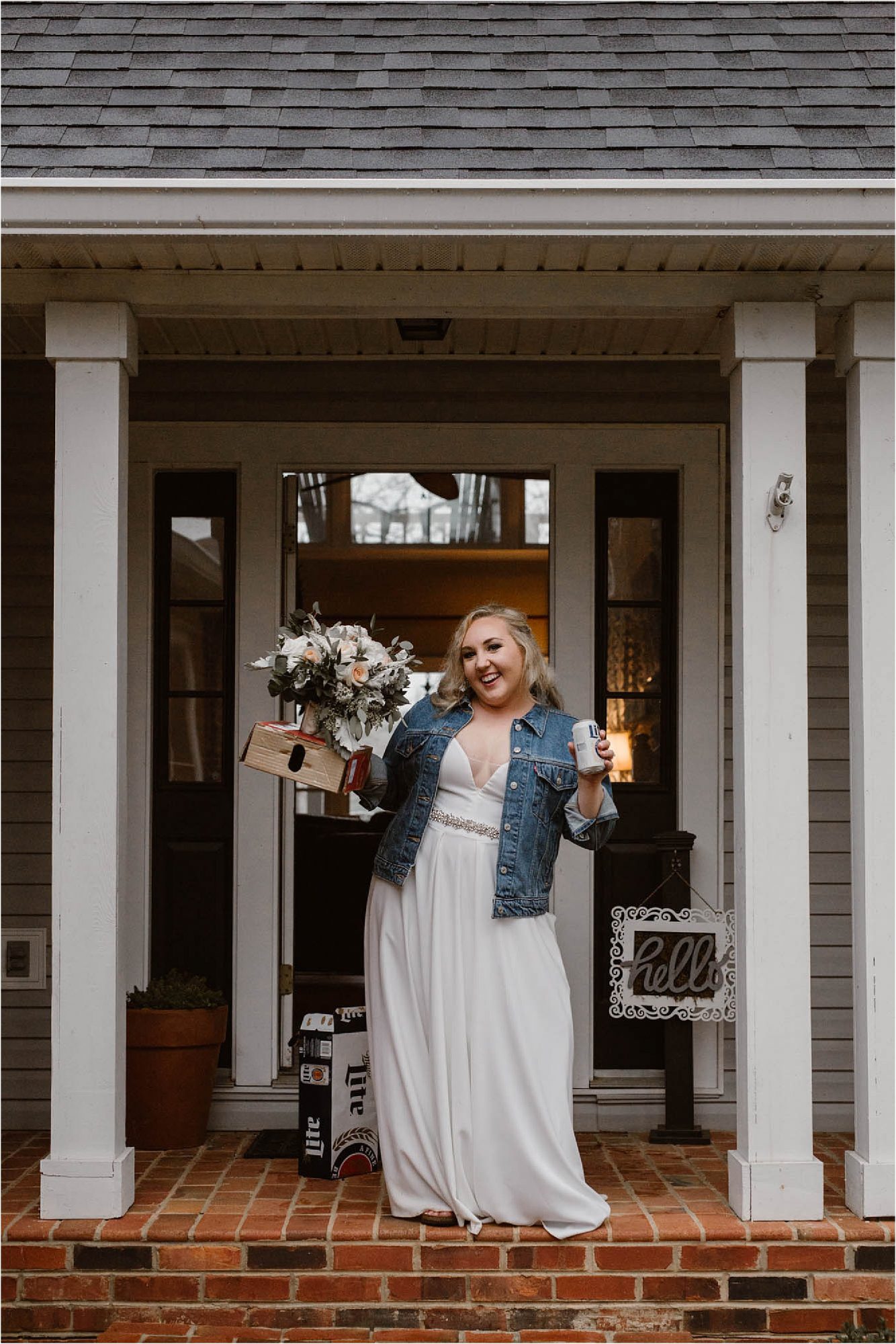 bride holding beer can and bouquet