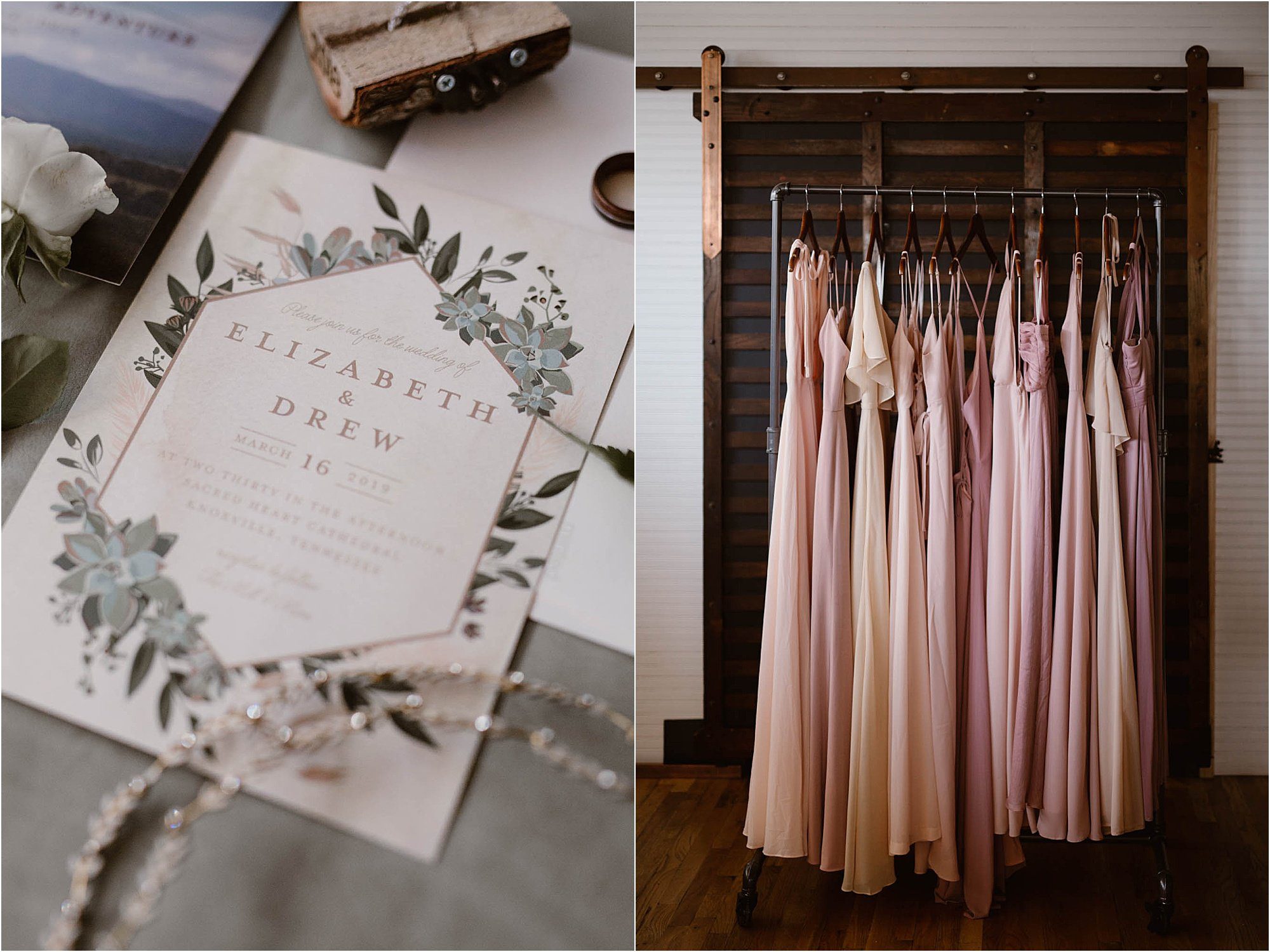 wedding invitations and pink bridesmaid dresses