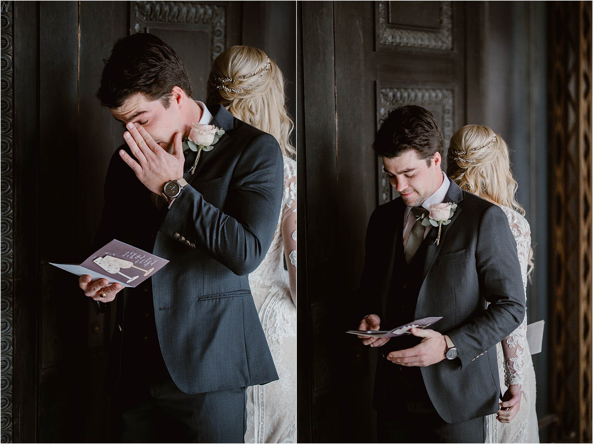 bride and groom reading letters together at wedding