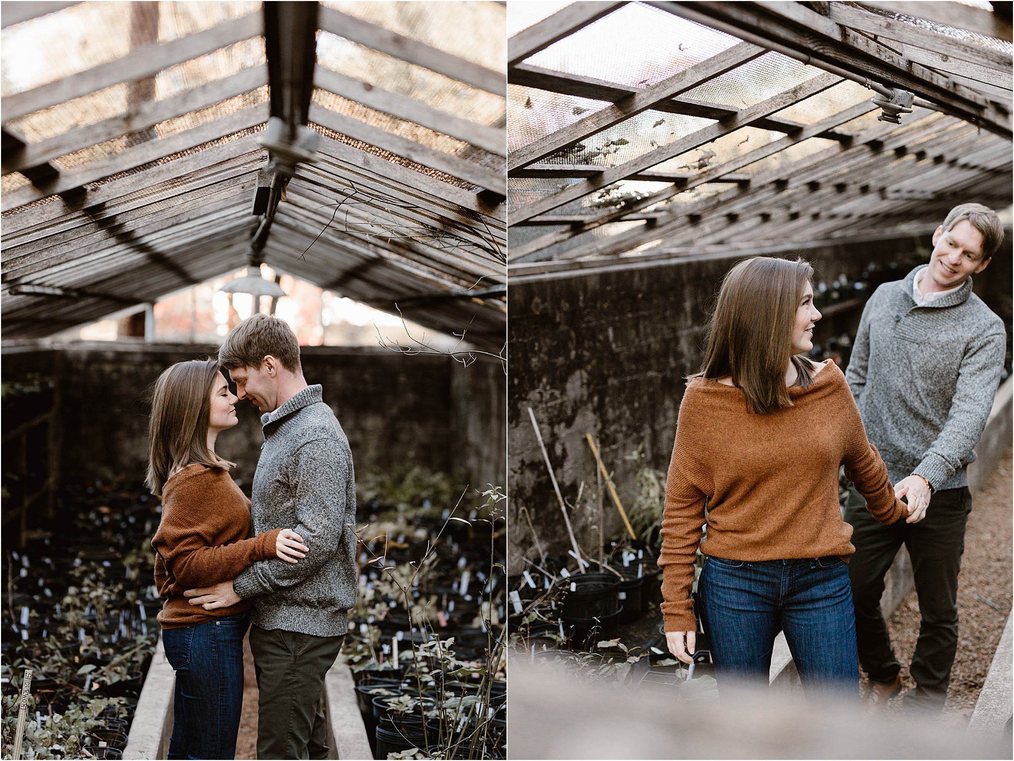 man and woman standing in greenhouse for engagement photos
