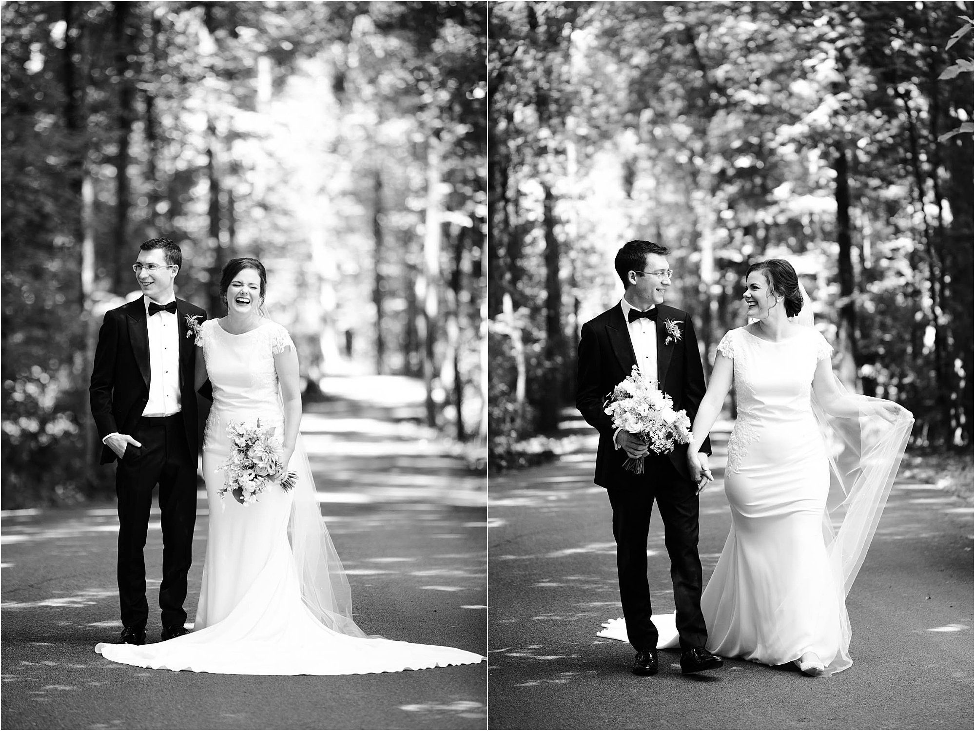 bride and groom walking down road laughing