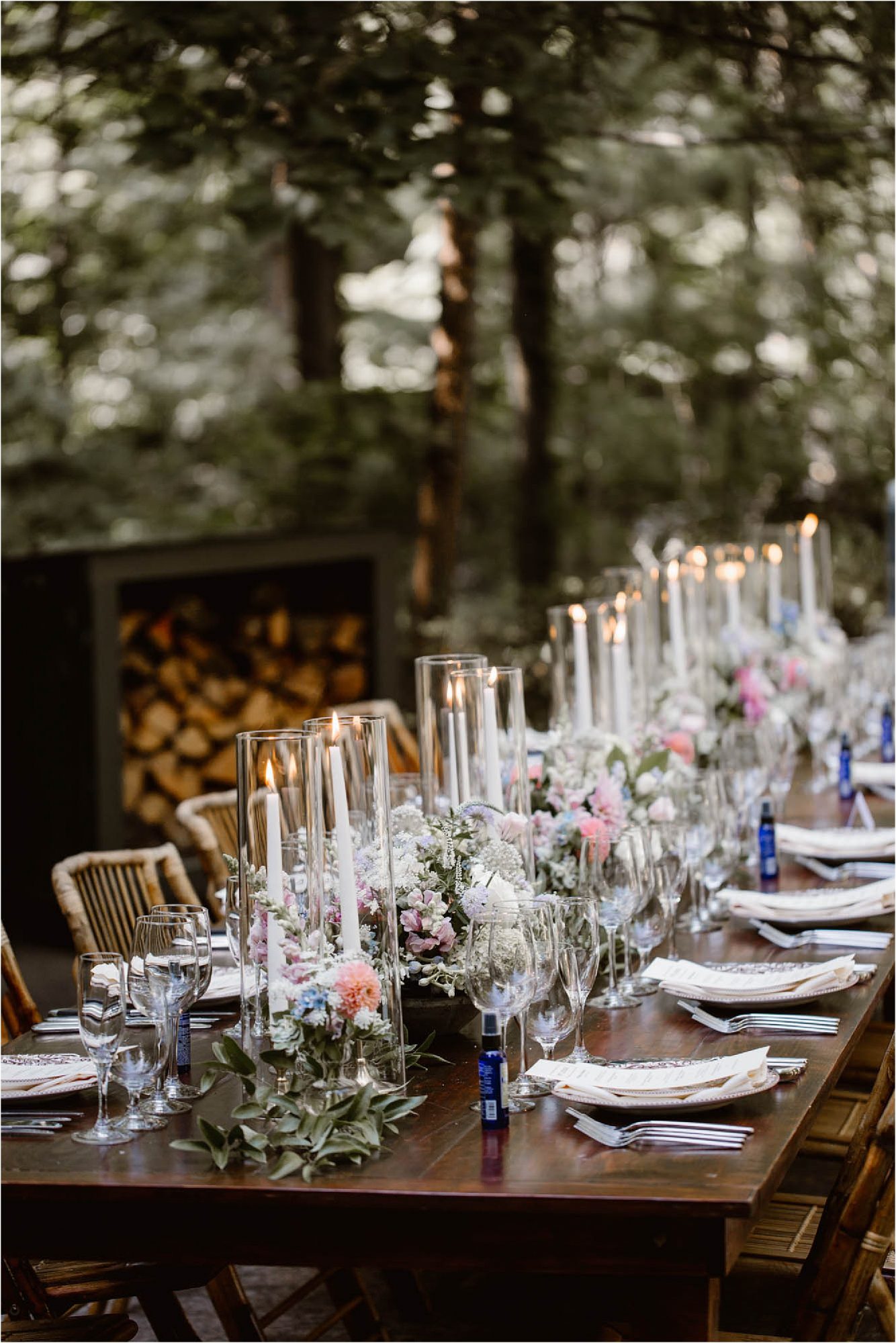 pillar candles on outdoor dining table