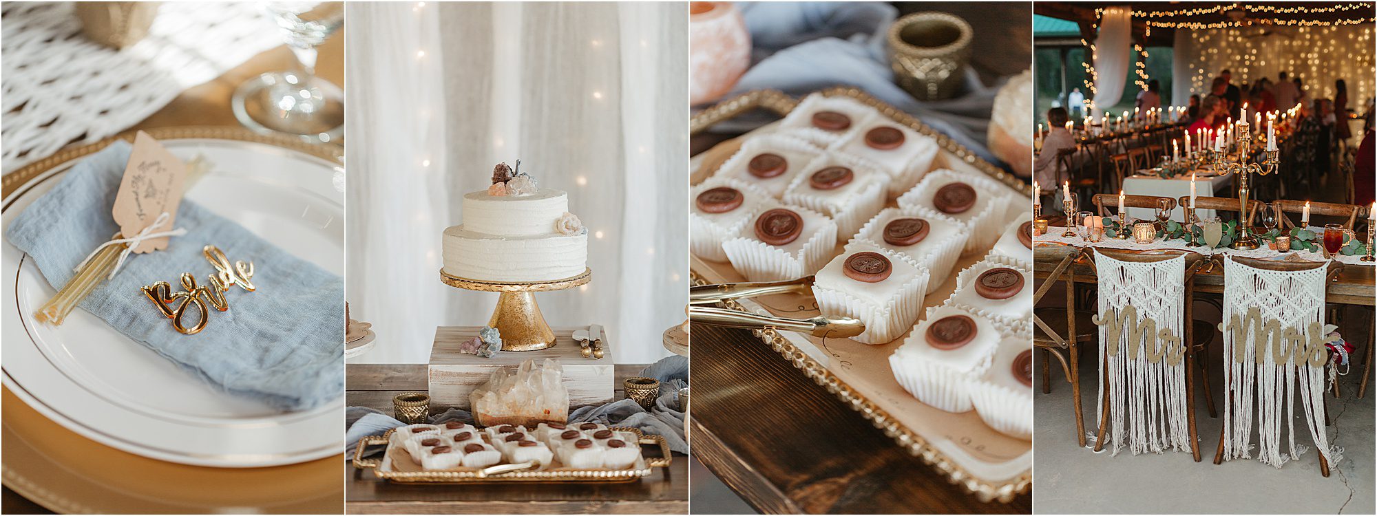 Four-panel image: a bridal place setting, a white wedding cake and desserts on a rustic table, chocolate-topped sweets on a tray, and a decorated wedding sweetheart table with candles and macramé accents—all perfect inspiration for planning a dry wedding with style and charm.