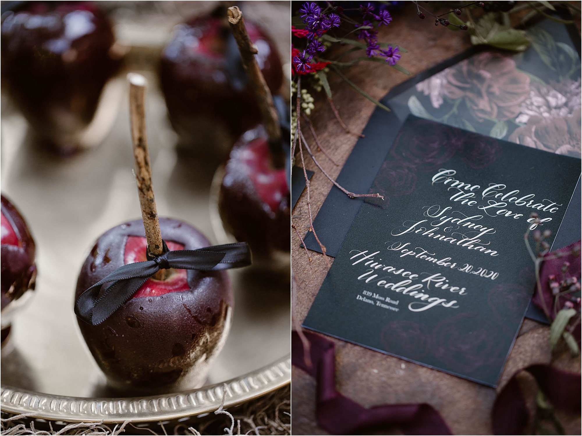 Halloween Wedding candy apples and wedding invitations